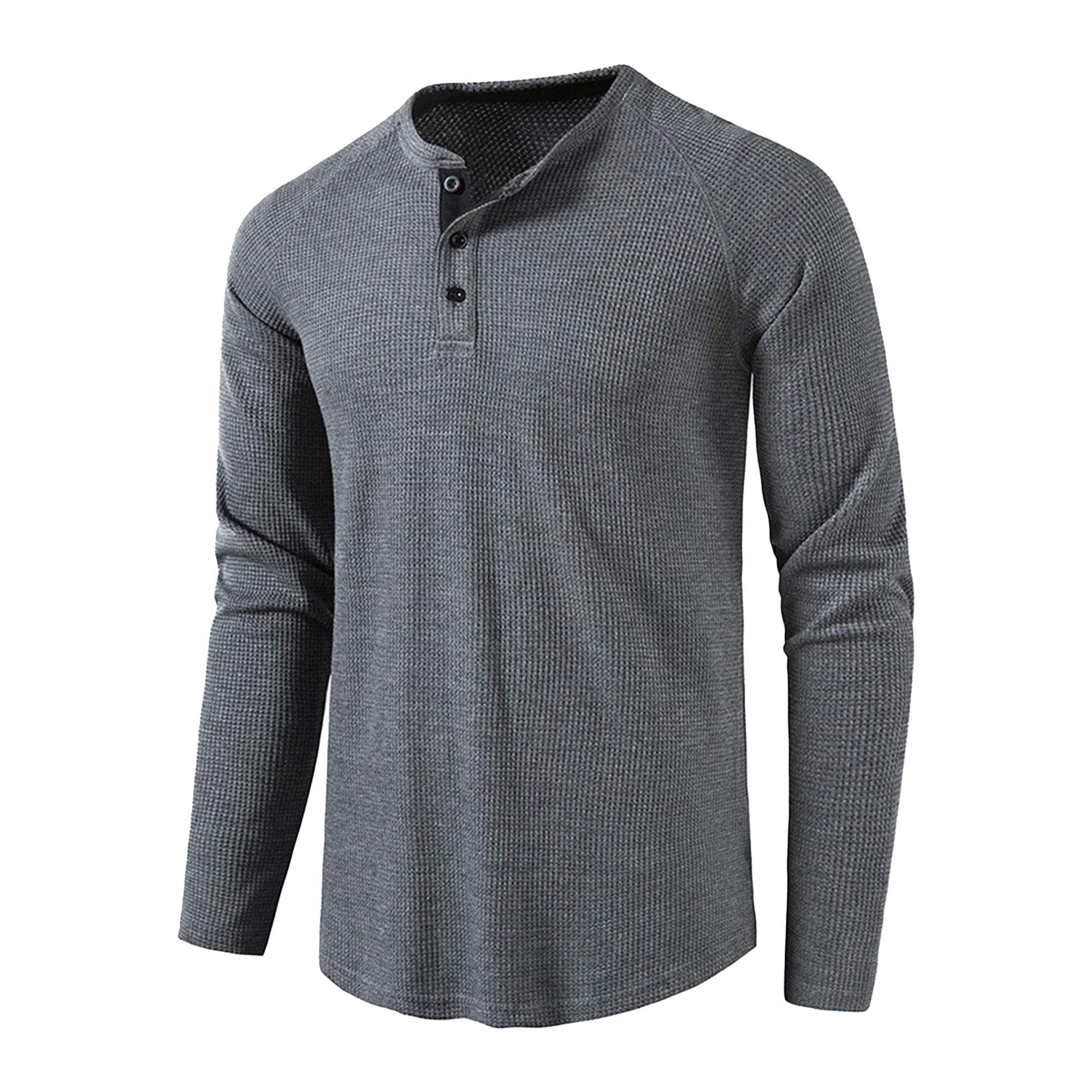 JEShifangjiusu Men's Casual Crew Neck Long Sleeve Blouse Lightweight Waffle Henley Thermal Underwear Slim 3 Button T Shirts (Large,Dark Grey)