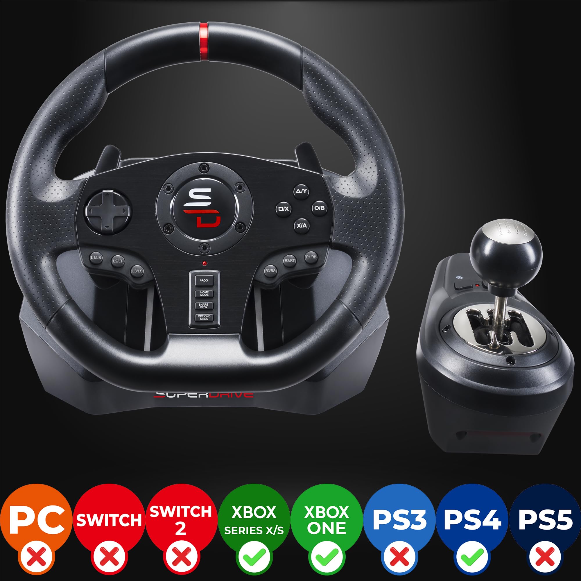 SUBSONIC Superdrive Gs850-X Racing Volante con leva del cambio manuale, 3 pedali per Xbox Series X/S, PS4, Xbox One