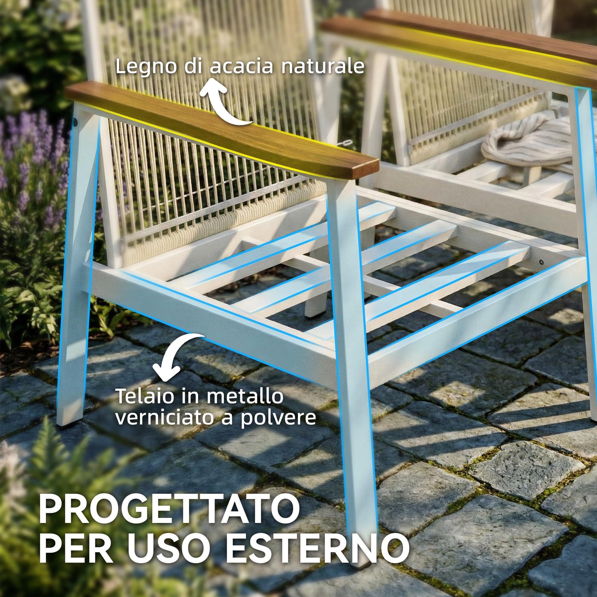 Outsunny Set Salotto da Giardino 4 Pezzi, Set di Mobili da Giardino in Legno di Acacia e Metallo con Divano 2 Posti, 2 Poltrone, Tavolino, Cuscini, Schienale Intrecciato, Salottino da Esterno, Grigio