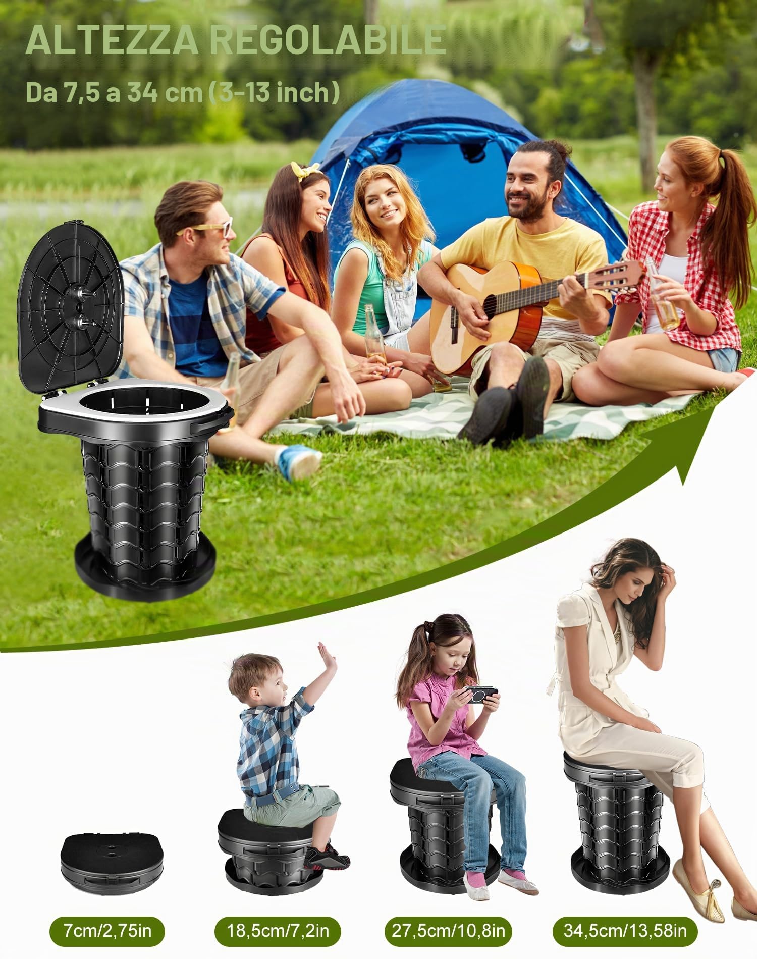 WC Portatile Adulti, Gabinetto da Campeggio, WC Chimico, Toilette da Campeggio Pieghevole, Altezza Regolabile Telescopico, per Campeggio All'aperto, Barbecue, Viaggi, Pesca, Spiaggia
