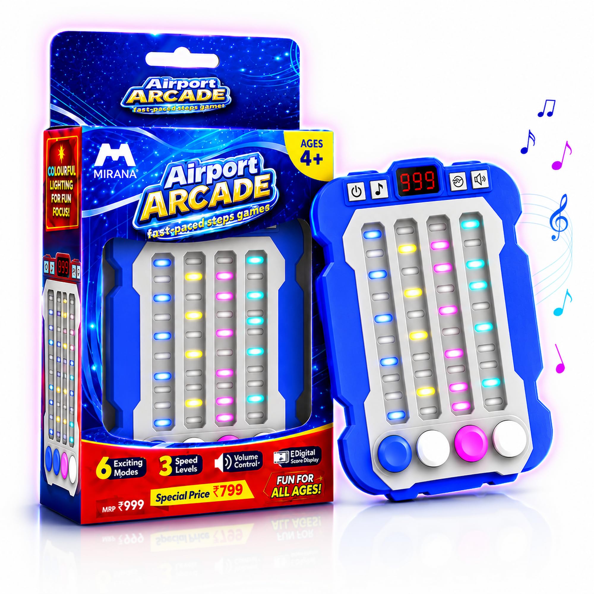 Mirana Airport Arcade - Portable Handheld Steps Game for Kids - 6 Exciting Modes, 3 Speed Levels - Digital Score Display - Toy Gift for Boys & Girls 4+ Years (Blue, Airport Arcade)-image-4