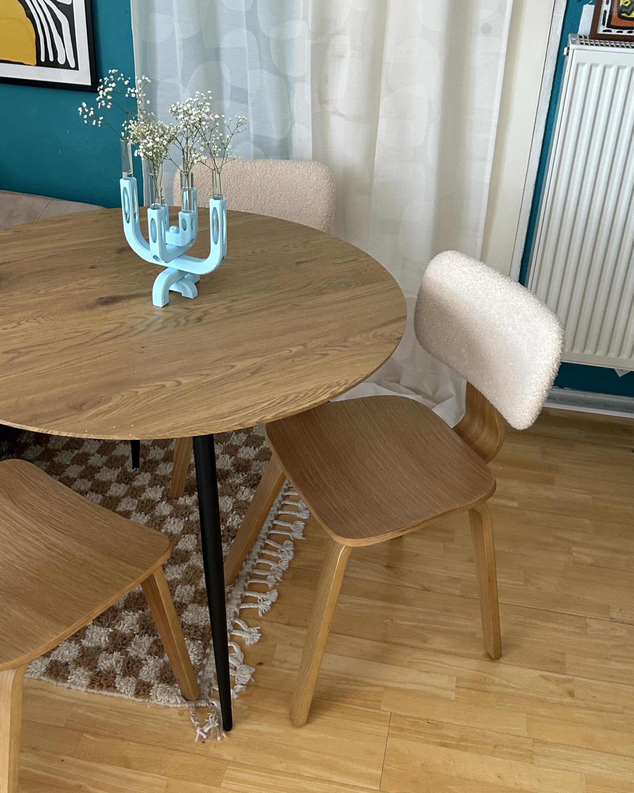 Nowoczesny stół okrągły do jadalni kuchni obiadowy bistro 100 cm metalowe nogi blat MDF jasny Bjorka
