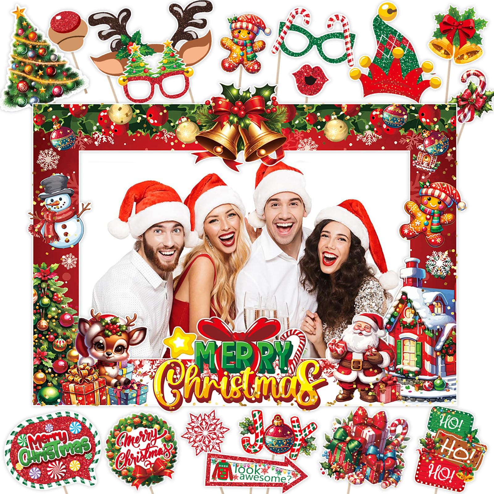 30 PCS Christmas Photo Booth Props, Giant Paper Christmas Photo Booth Frame Selfie Frame, Funny Xmas Party Selfie Props Accessories for Xmas Party Decorations Photograph