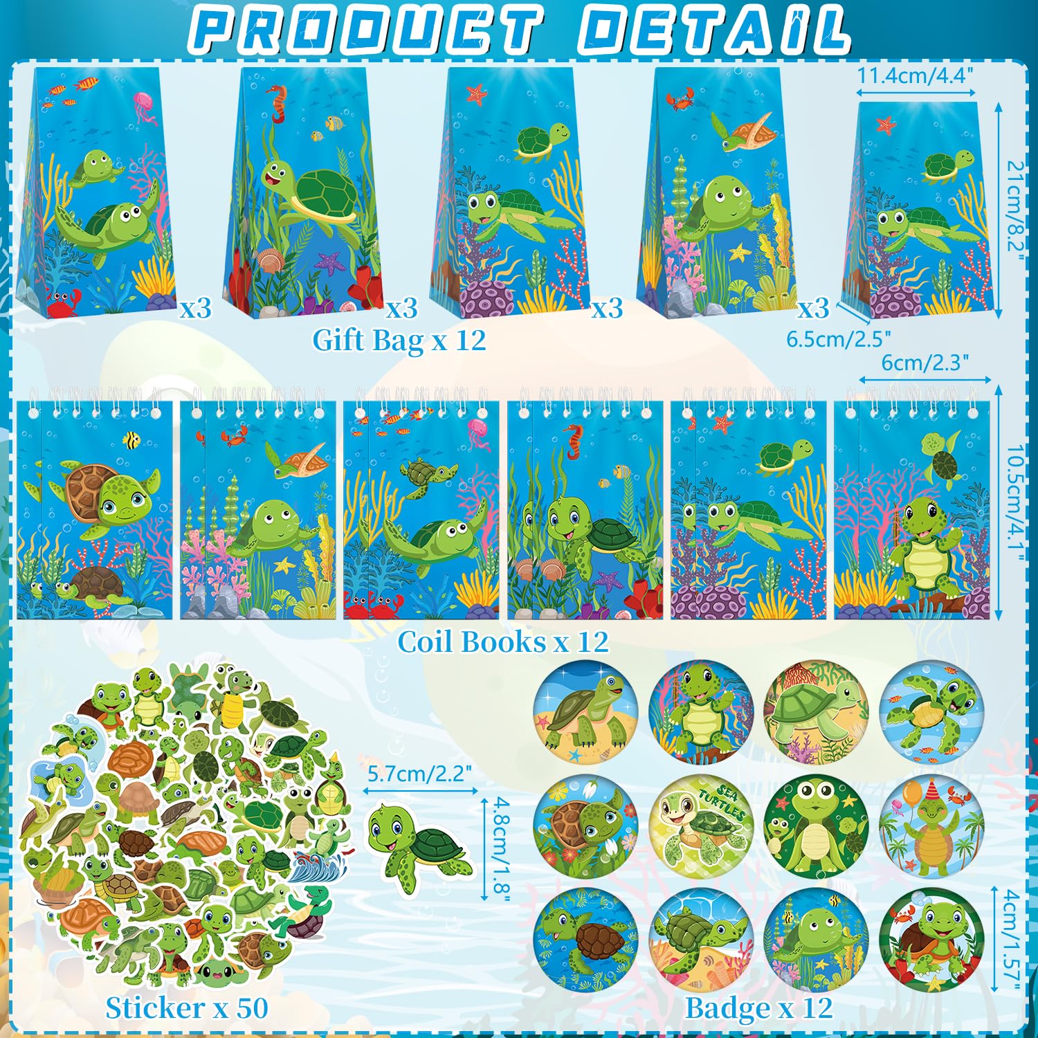 Turtle Party Favour Supplies include sacchetti regalo tartaruga, adesivi, badge, braccialetti per feste di compleanno