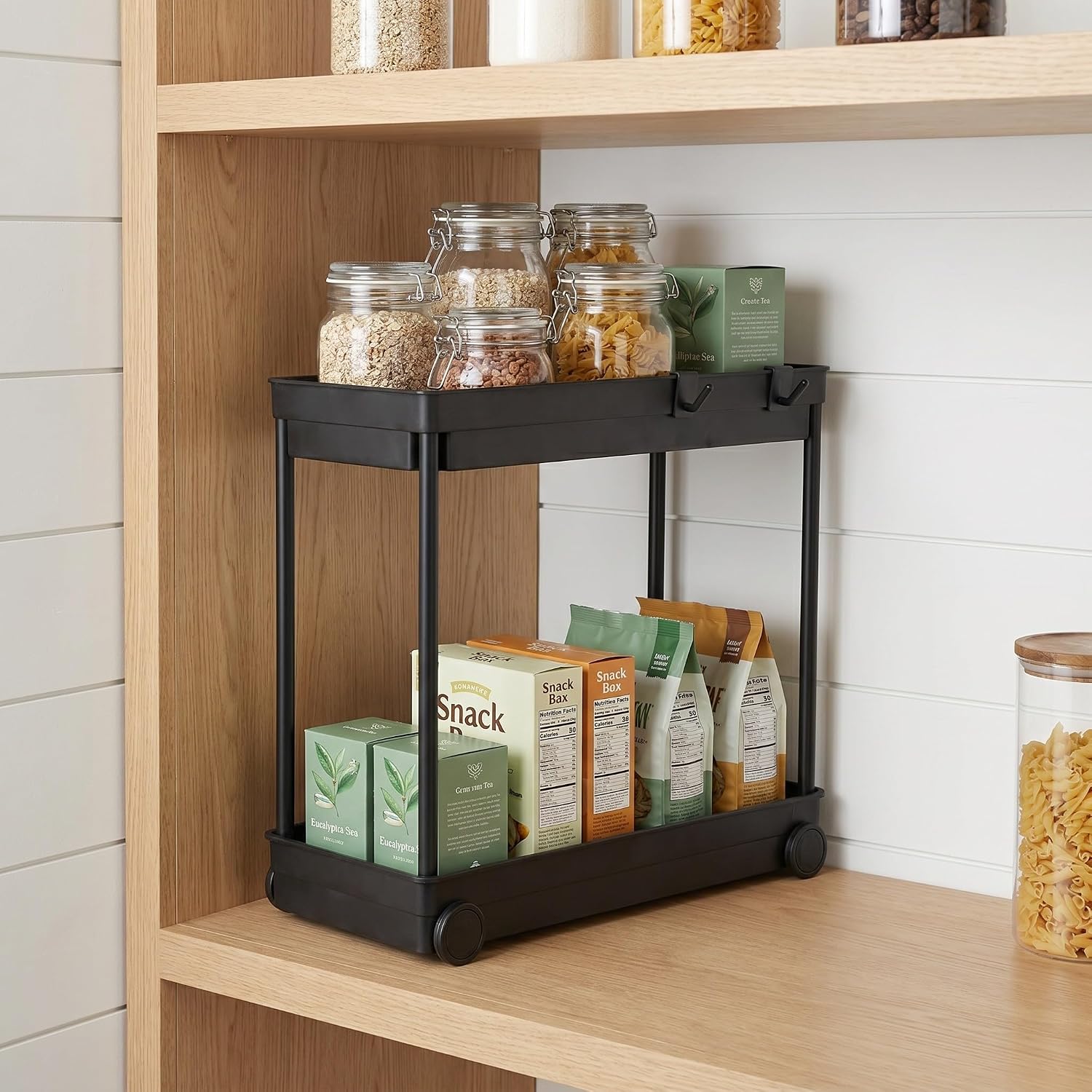 Sink Organizer for Bathroom or Laundry Room, 2-Tier Stainless Steel Rack with Wheels and Hooks, Adjustable Shelves, No Drilling Required, Compact Base Storage for Cabinets