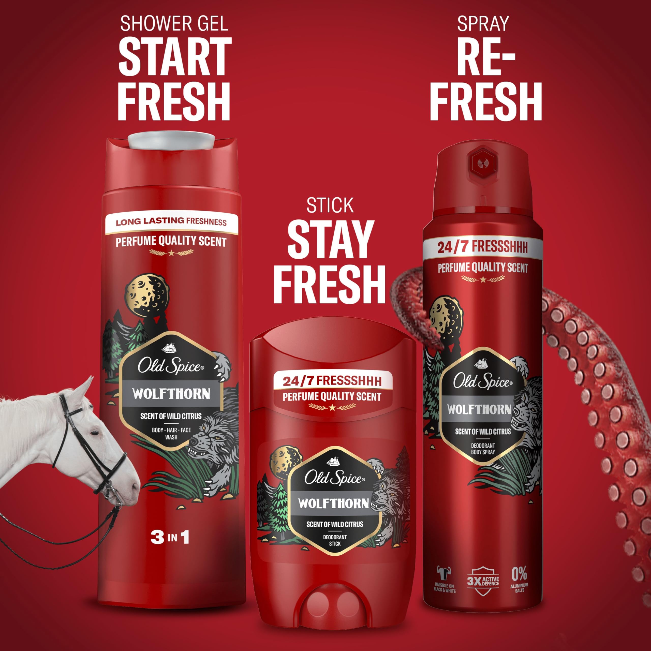 Old Spice Wolfthorn Dezodorant w sprayu dla mężczyzn 150ml, świeżość 24/7 przy codziennym stosowaniu, niewidoczny na czarno-białych ubraniach