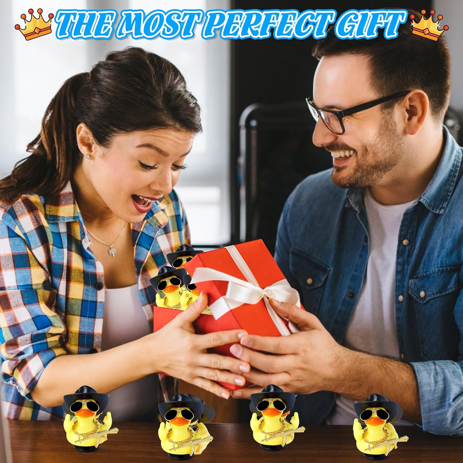 2pcs Funny Rubber Duck with Cowboy Hat, Gold AK47, Sunglasses & Necklace - Cool Car Dashboard Decor for Adults, Office & Home Ornament