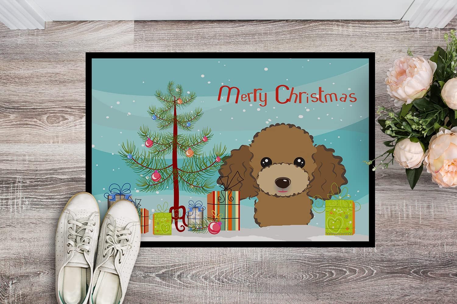 Caroline's Treasures BB1628JMAT Christmas Tree and Chocolate Brown Poodle Doormat 24x36 Front Door Mat Indoor Outdoor Rugs for Entryway, Non Slip Washable Low Pile, 24H X 36W