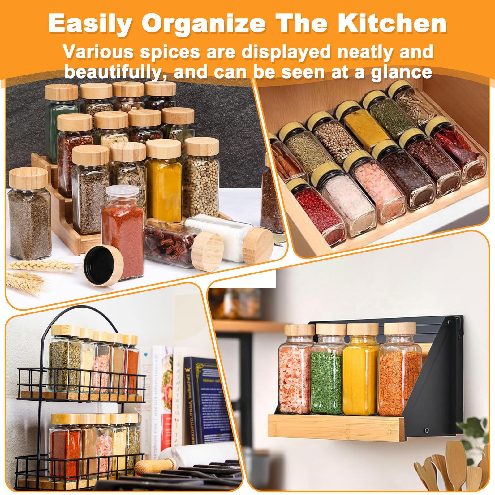12Pcs Barattoli Spezie Vetro con Coperchio in Bambù, Contenitori Spezie Trasparente Cucina Cucinaper Vasetti Spezien Portaspezie Zuccheriera Inclusi Setaccio, Etichette, Spazzola, Lmbuto, Penna