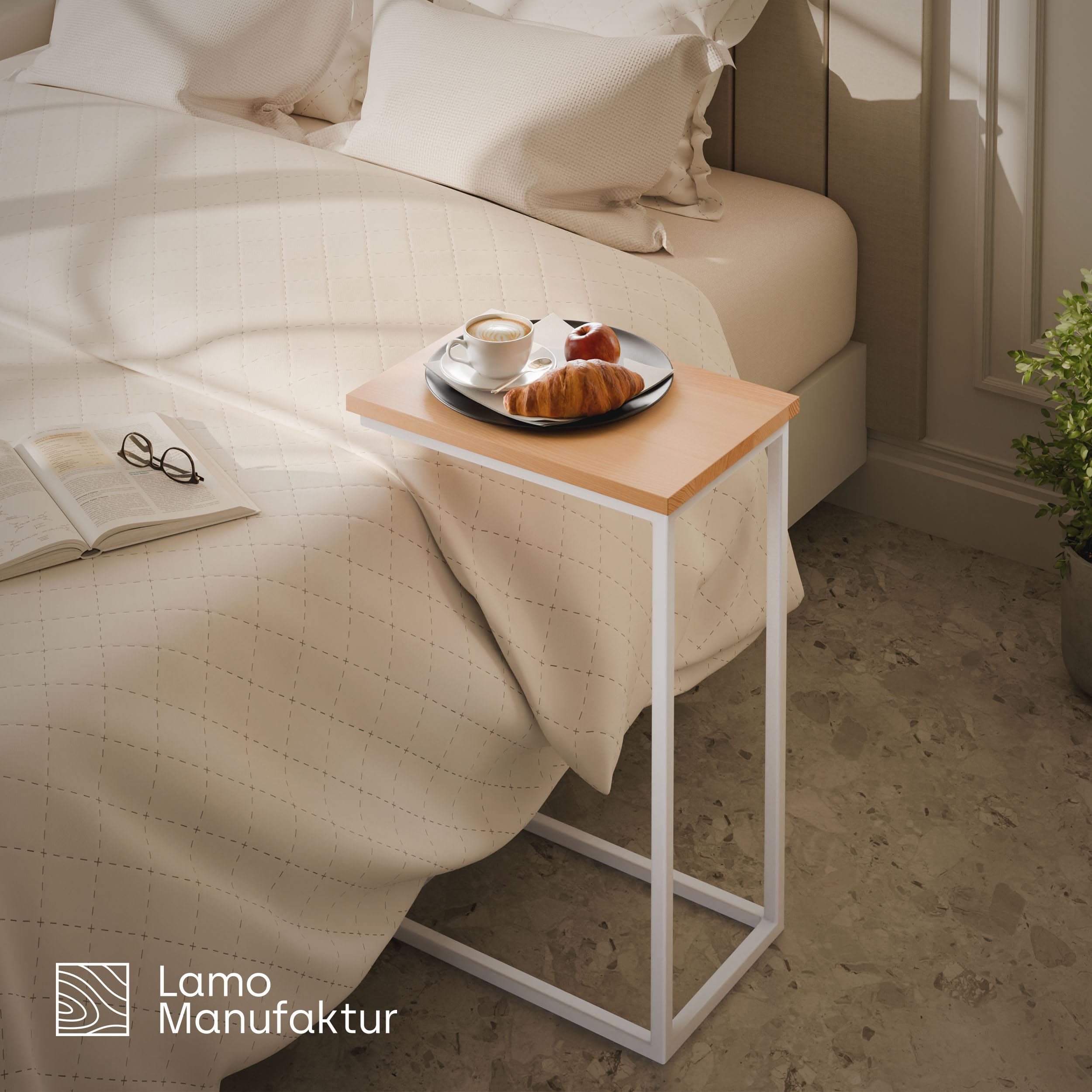 LAMO Manufaktur - Tavolino da scrivania per computer portatile, tavolino portabile, 45 x 30 x 67 cm, struttura bianca, 100% vero legno massiccio, naturale