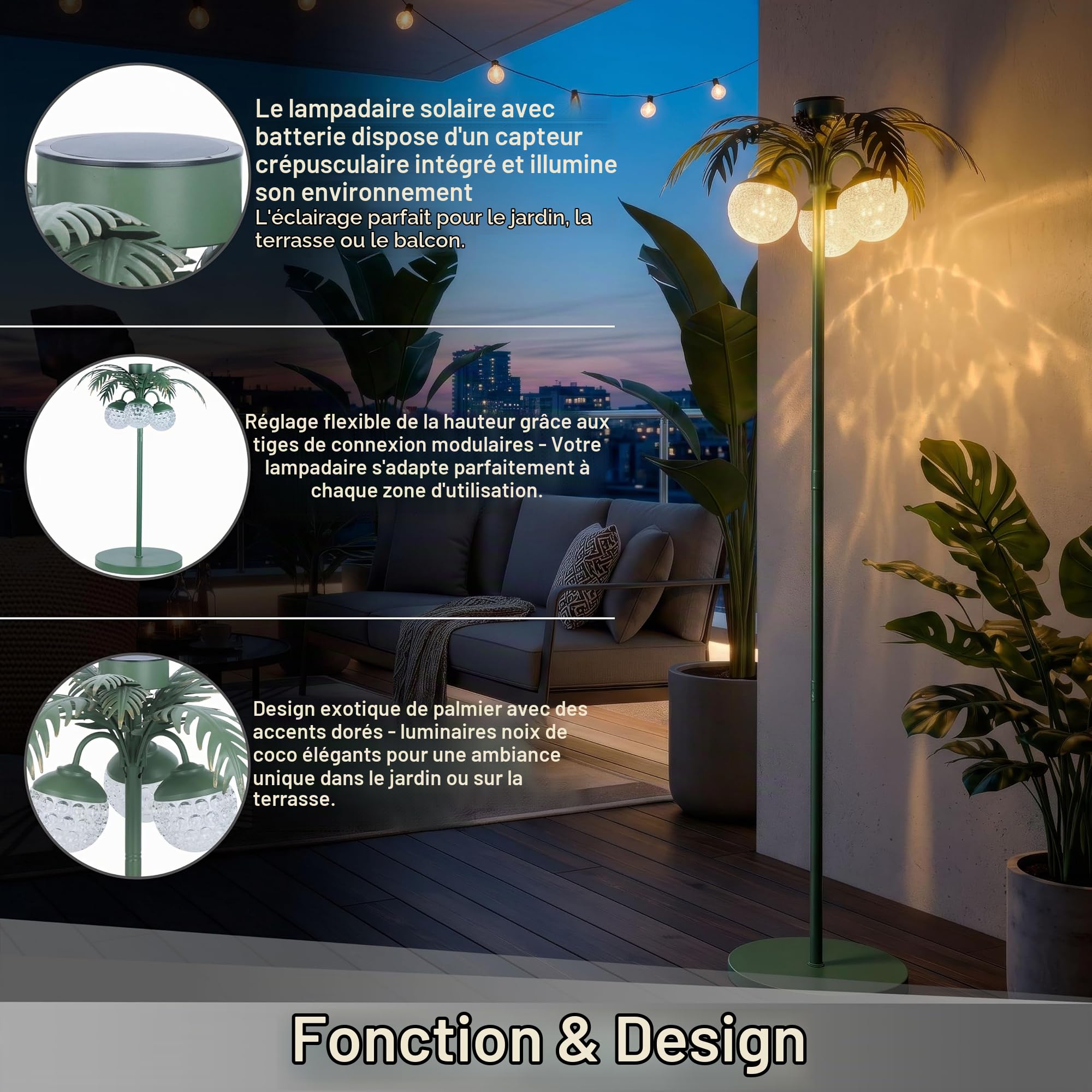 Lampe solaire LED en forme de palmier - Lampe de jardin extérieure LED avec capteur crépusculaire - Lumière blanche chaude 3000K - IP44 - Résistante aux intempéries - Pour balcon, terrasse