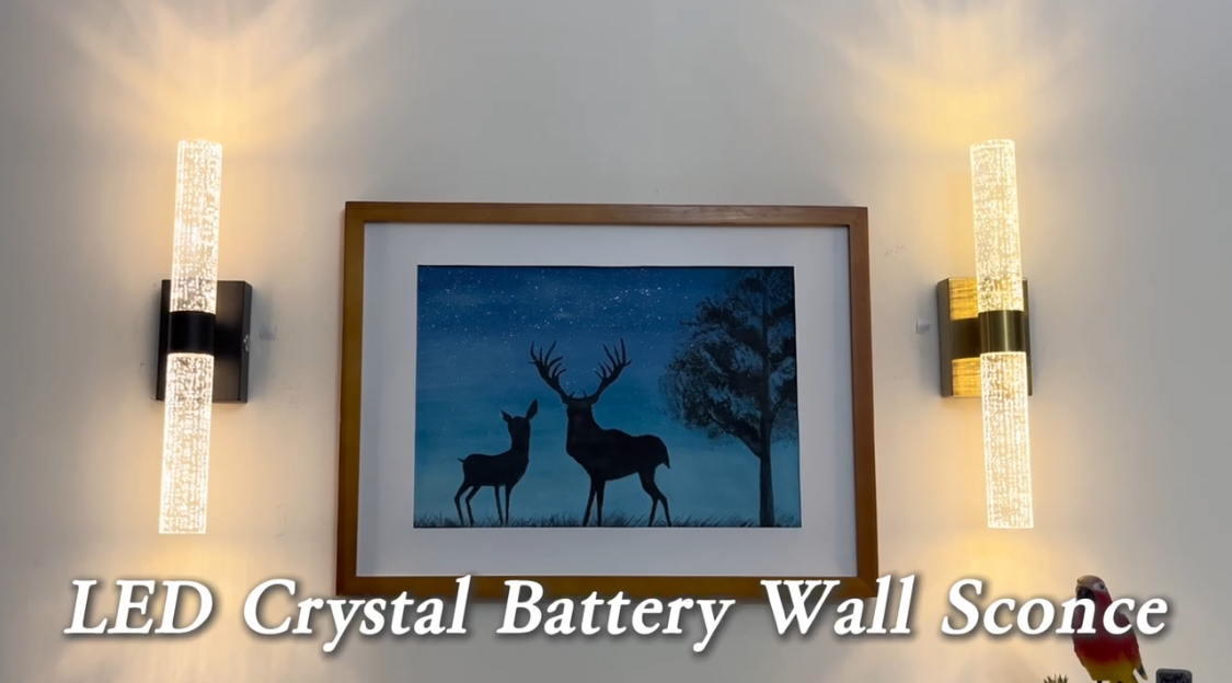 Image of LED Crystal Battery Operated Wall Sconce Set of 2, Gold Rechargeable Battery Powered Wall Lights with Remote, 3 Color Dimmable Wall Lamp for Living Room Bathroom Hallway