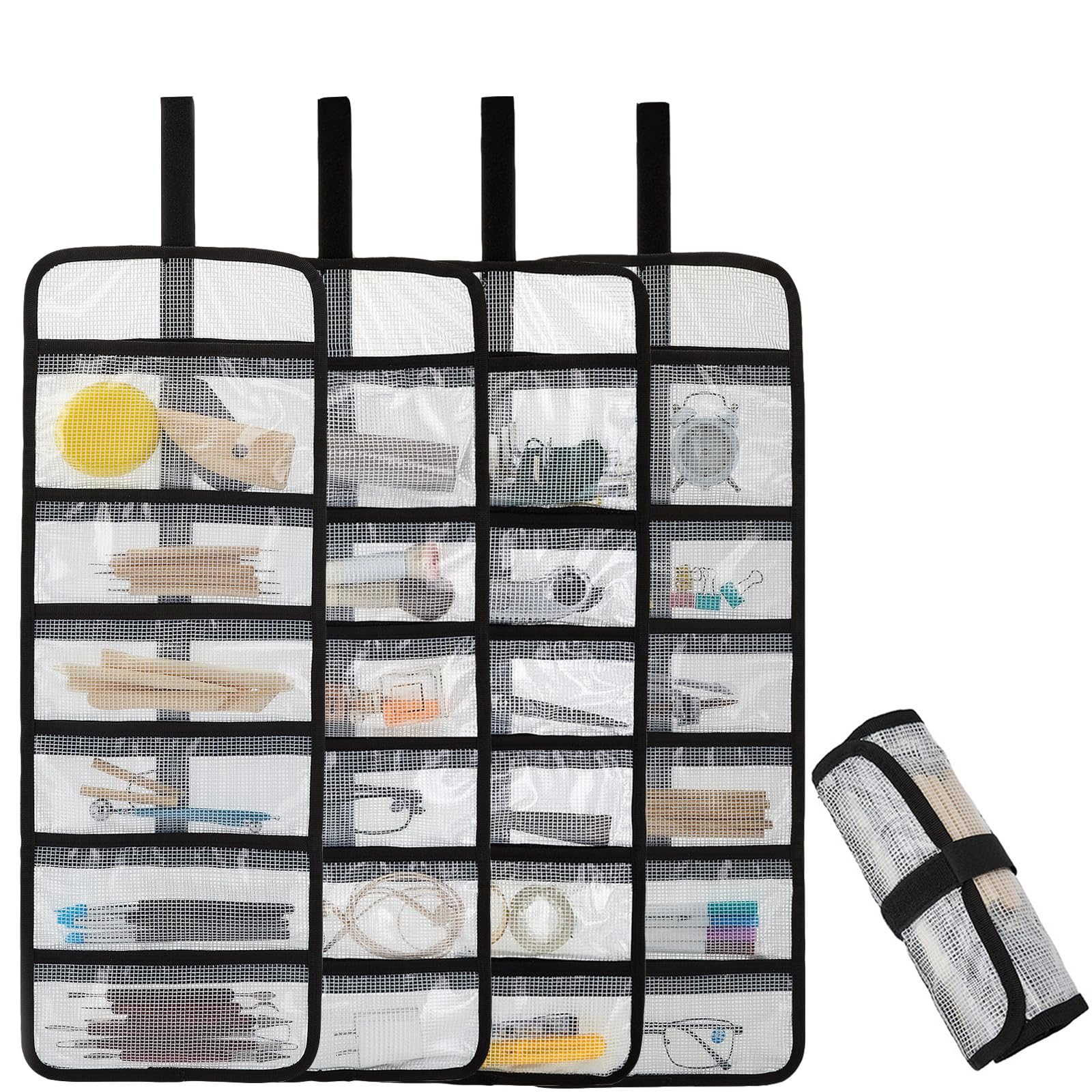 Small Roll Up Storage Bag, 6 Pockets Roll Up Tool Kit, Suitable for Mechanics, Kitchen Storage, Art Sketching, Travelling, Potter's Tools, Office Objects, Transparent and Visible, Space-saving 4 Pack
