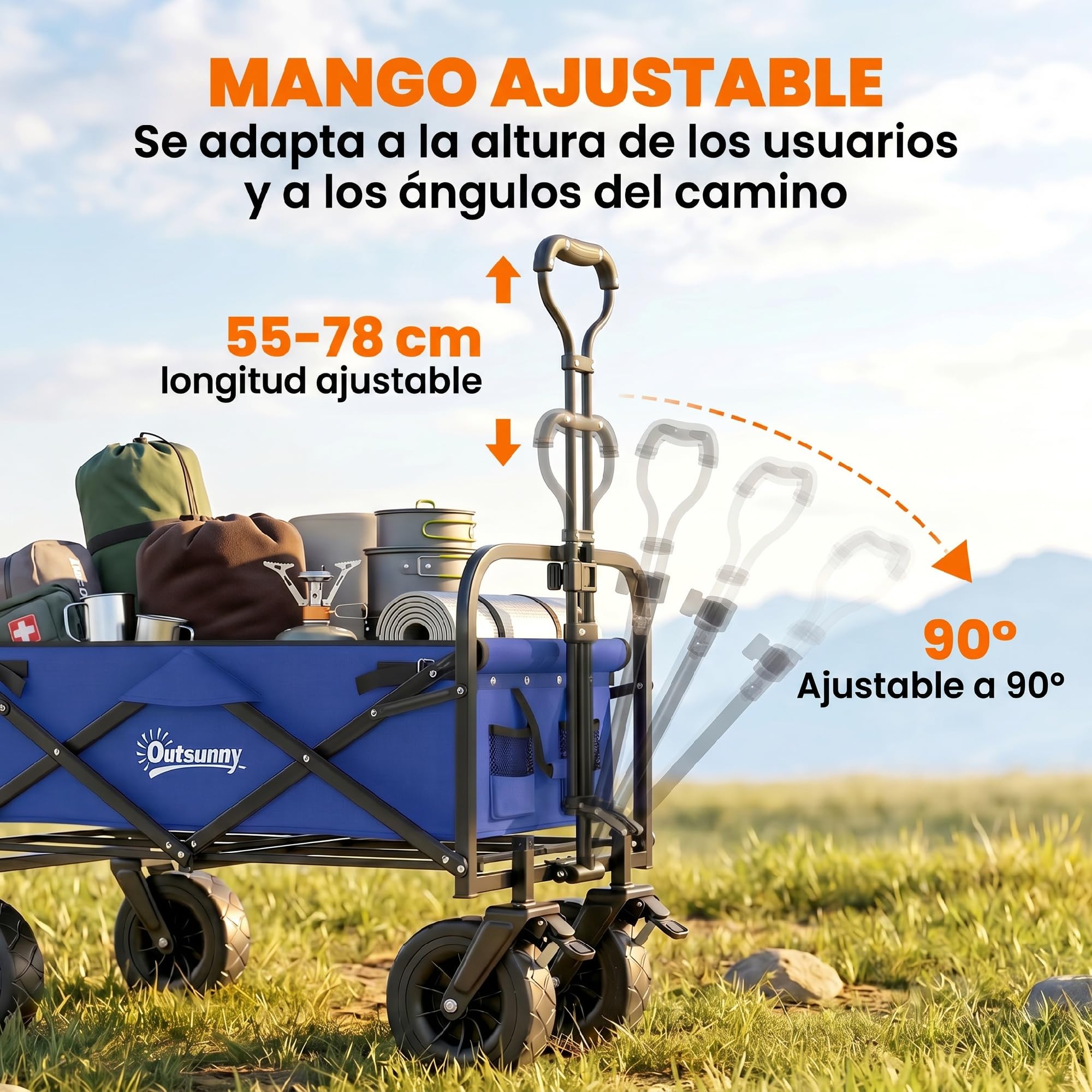Outsunny Carro de Jardín Carro para Playa Plegable 100 kg Azul Oscuro | Longitud y Ángulo del Mango Ajustables, Puerta Trasera, Bolsa de Transporte, para Compra