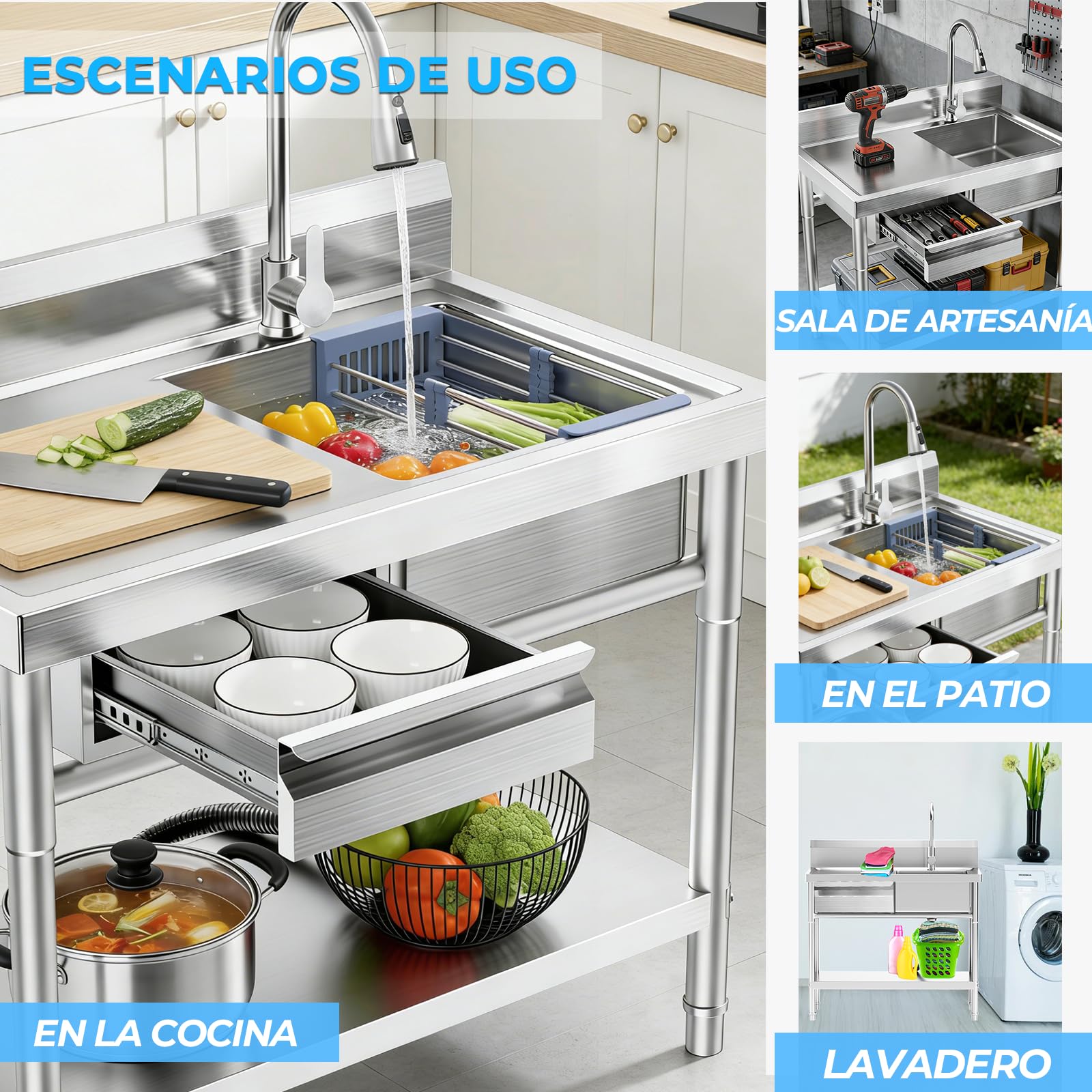 Lavello da cucina industriale con banco da lavoro e Der 100x55x80cm tavolo in acciaio inless con rubinetto a 360 ° lavaggio esterno t per giardino Hospitali Ga