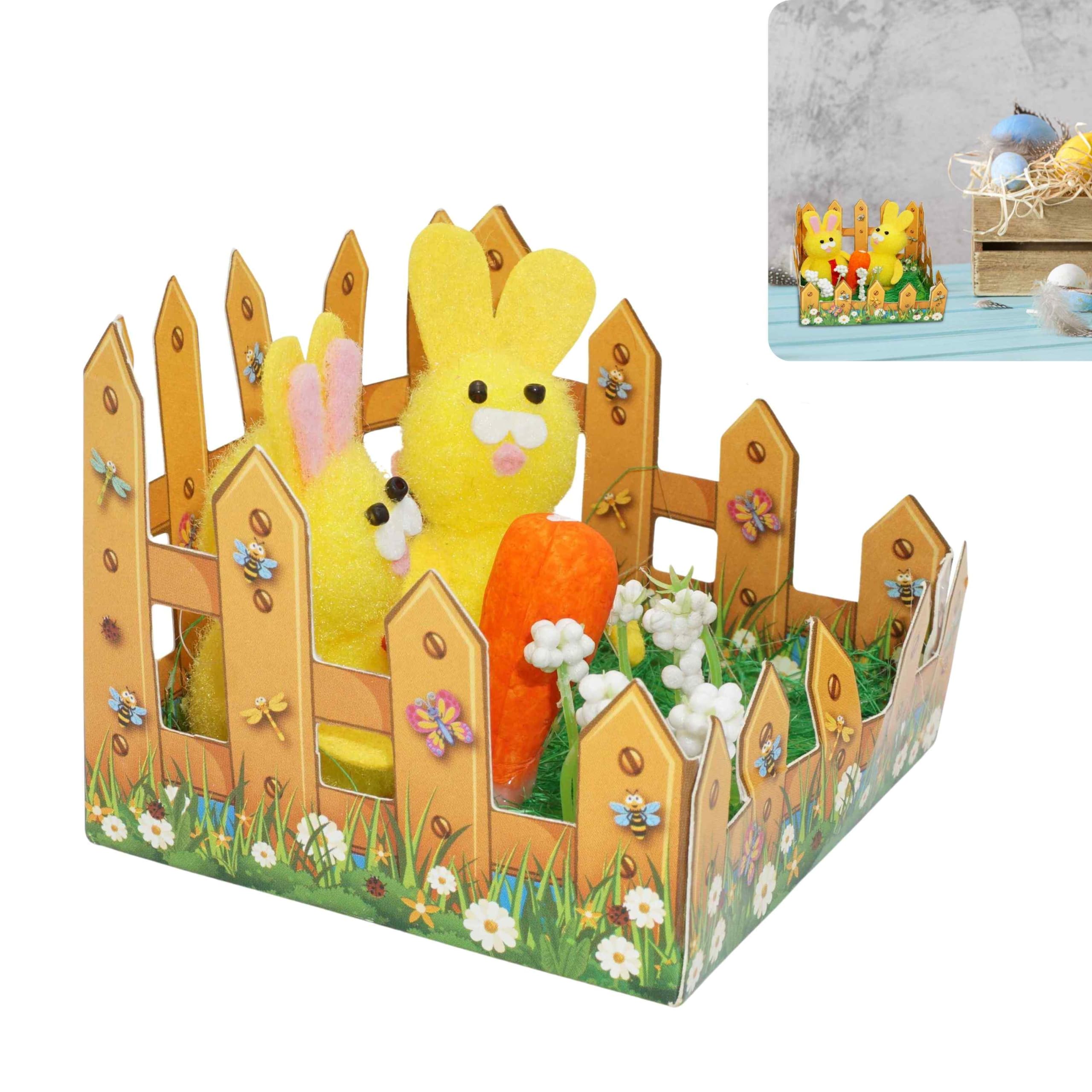 Srv Hub 1X Rabbits Decor Easter Bunny Table Centerpiece Decoration – Twin Plush Rabbits With Yellow Picket Fence, Carrot & Flowers, Mini Easter Craft Scene Ornament For Table Decor, Party & Home (8Cm)
