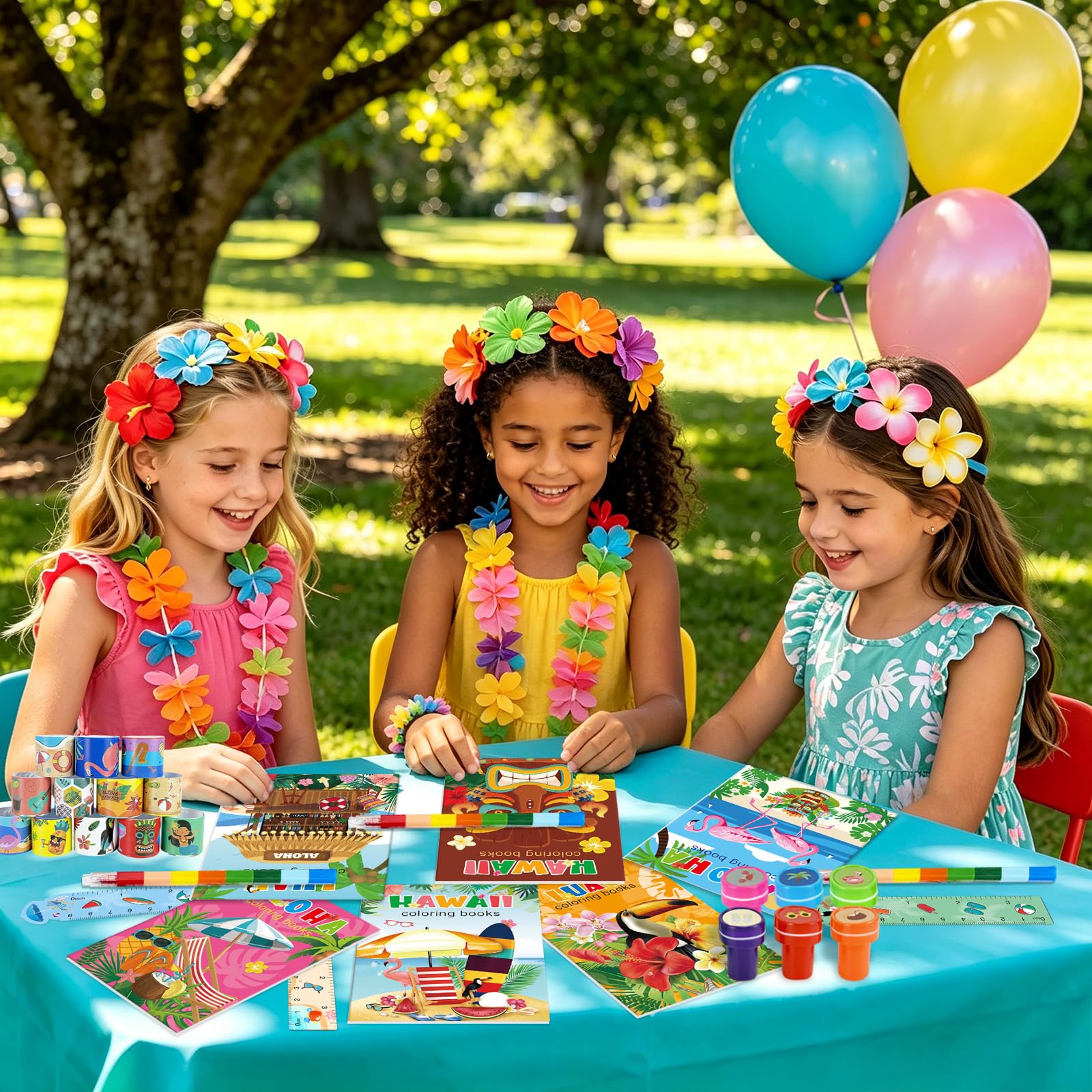 72 szt. upominków na imprezę Luau, mini kolorowanki luzem z kredkami do układania w stos, znaczkami, bransoletkami i zakładkami, hawajskie tiki, zestaw upominków na letnie przyjęcie urodzinowe
