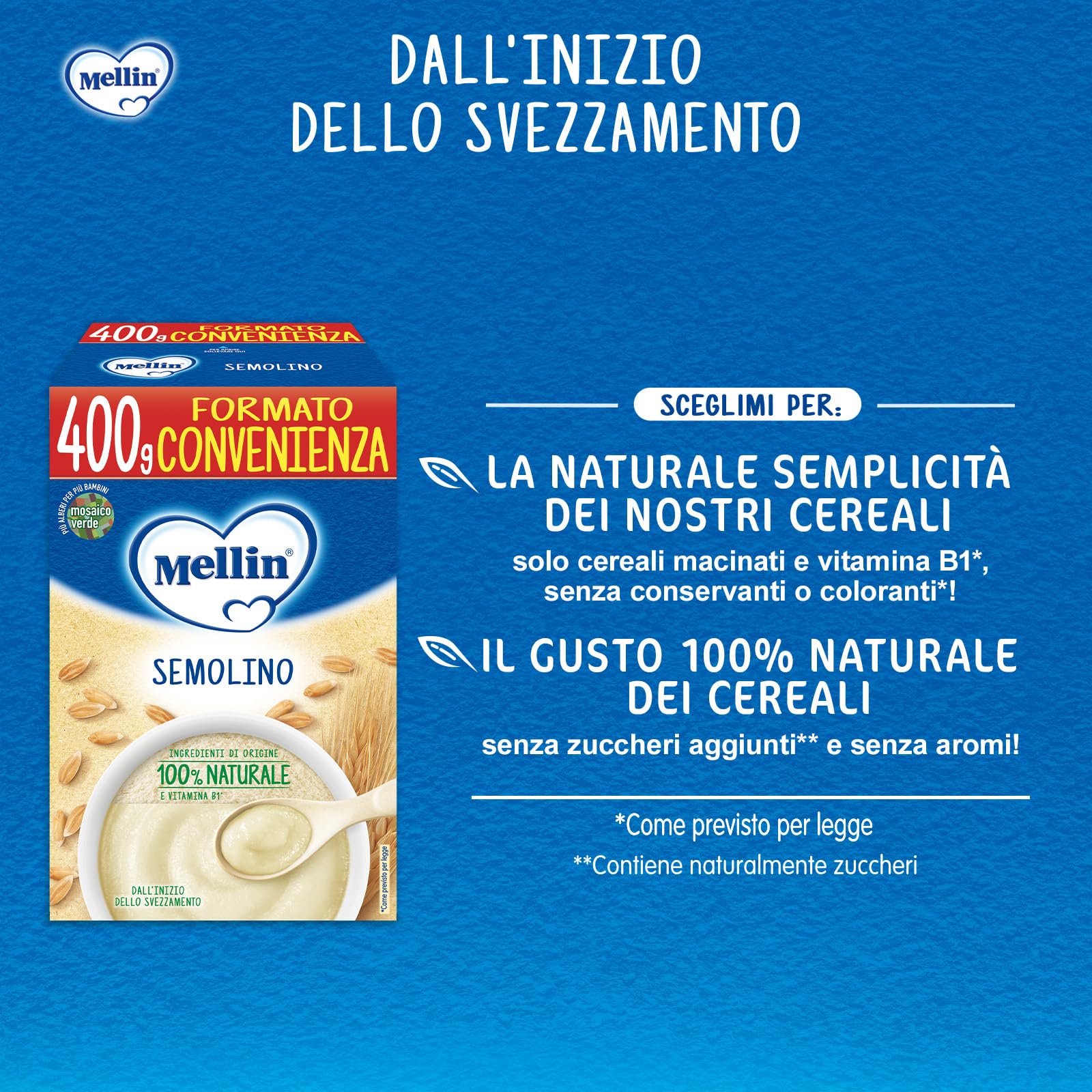 Mellin - Semolino - Alimento con Vitamina B1, per Bambini dal 4° Mese Compiuto - 6 Confezioni da 400gr (Totale 2400gr)