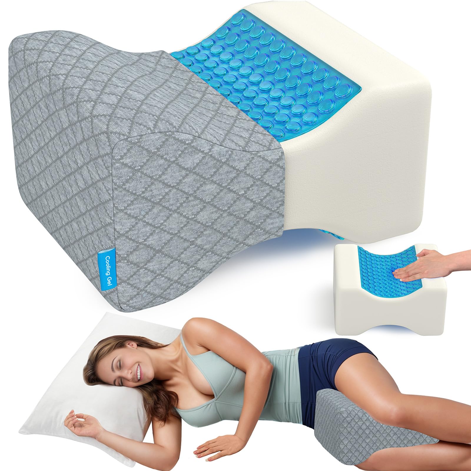 CloudBliss Cooling Gel Knee Pillow for Side Sleepers, Memory Foam, Grey