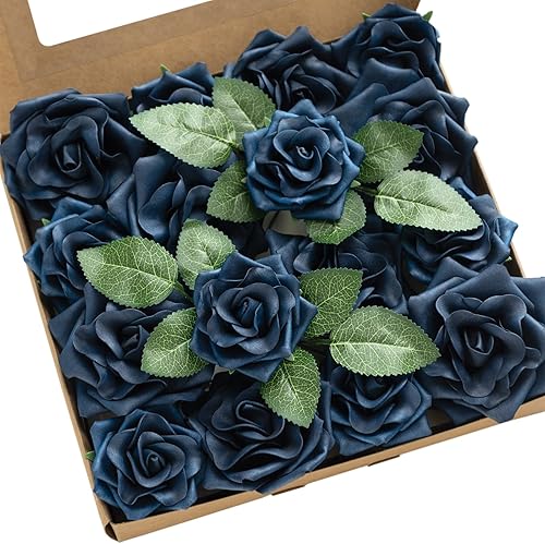 Lings Moment Flores artificiales de 25 pulgadas color azul marino pequeña Avalanche 25 piezas de rosas de espuma falsa con tallo para decoración de
