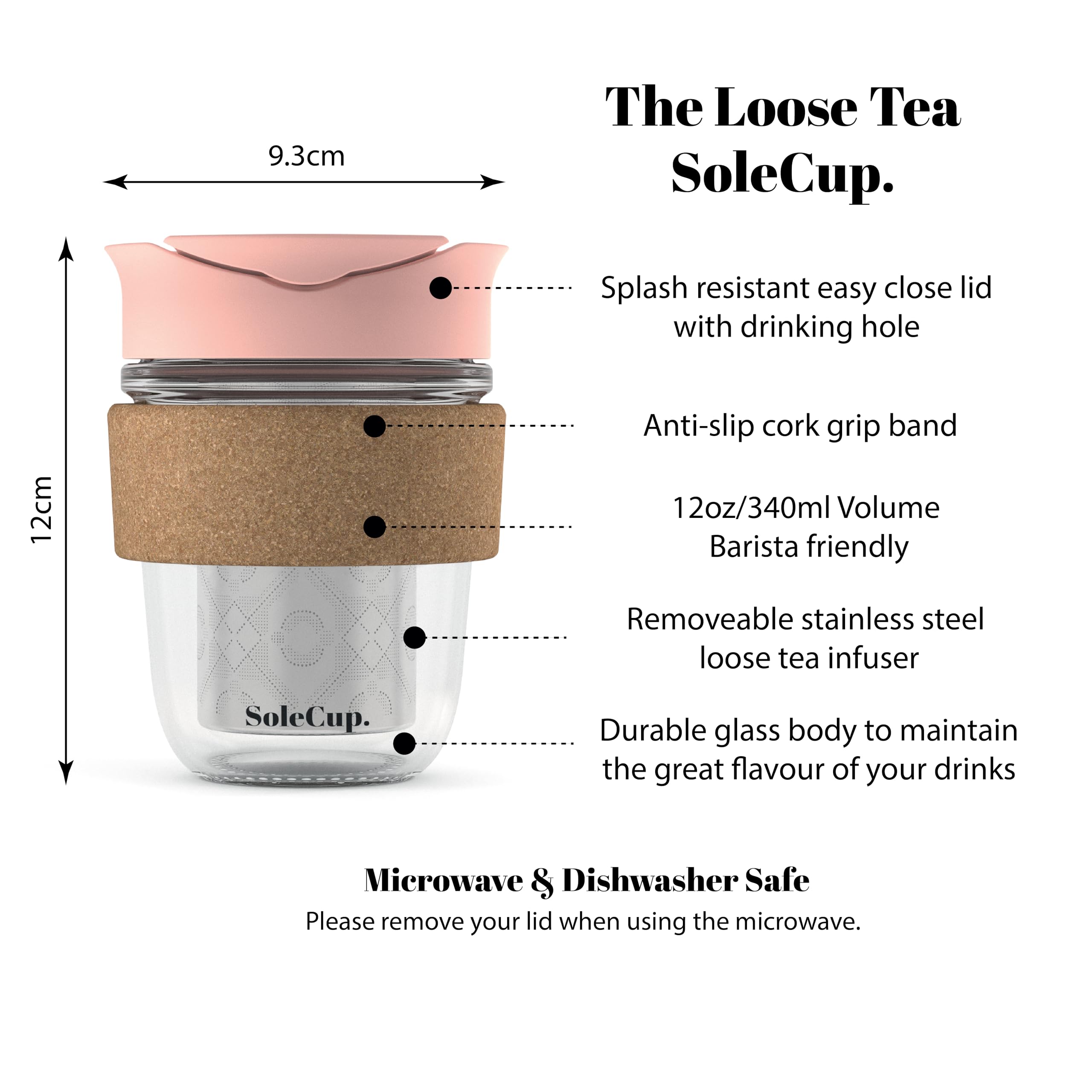 SoleCup - luźny kubek podróżny do herbaty z zaparzaczem do herbaty - 12 uncji / 340 ml - luźny kubek do herbaty wielokrotnego użytku z korkowym paskiem - zdejmowany luźny zaparzacz do herbaty (różowy)