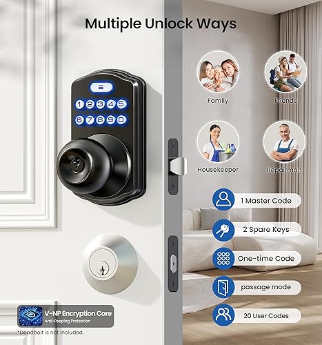 Miniatura 2 de Veise Cerradura de perilla de puerta con teclado, cerradura digital de entrada sin llave con asa, perilla electrónica para puerta delantera y