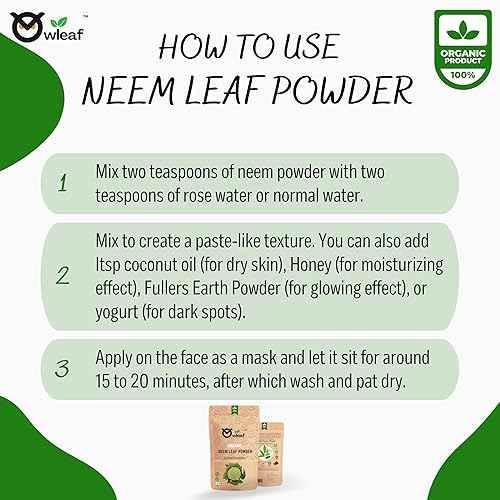 Miniatura 4 de Owleaf's Pure Organic Neem Leaf Powder Crecimiento natural del cabello y limpieza del cabello, paquete facial, polvos para cuerpo y piel (8.8 onzas)