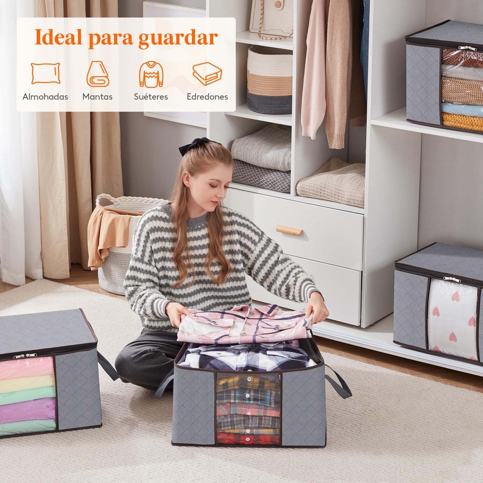 Lifewit Bolsas Almacenaje Ropa, Cajas Almacenaje Plegable, Bolsas para Guardar Ropa, Cajas Mudanza, Organizador Armario Para Ropa, Mantas, Juguetes, Gris Claro, 50 L, 4 Piezas