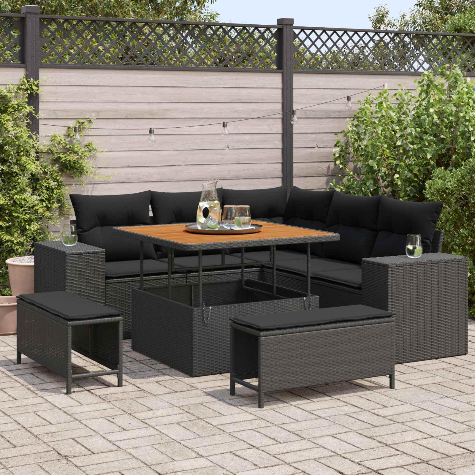 Juego de sofás de jardín de polirratán y madera de acacia con cojines de 8 piezas, color negro, conjunto modular para exteriores con construcción resistente a la intemperie para patio y jardín