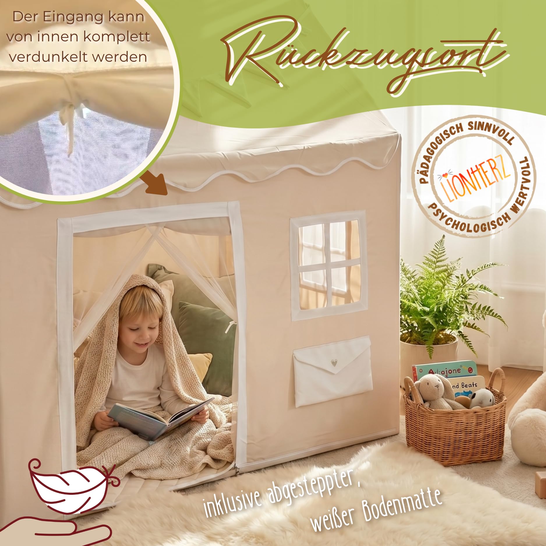 LIONHERZ® DAS ORIGINAL Spielhaus mit Briefkasten für Kinder | Indoor Spielzelt mit Matte & Wimpelkette | Kinderspielhaus mit 3 Fenstern & blickdichtem Türvorhang | Hauszelt Kinderzimmer (Cremeweiß)