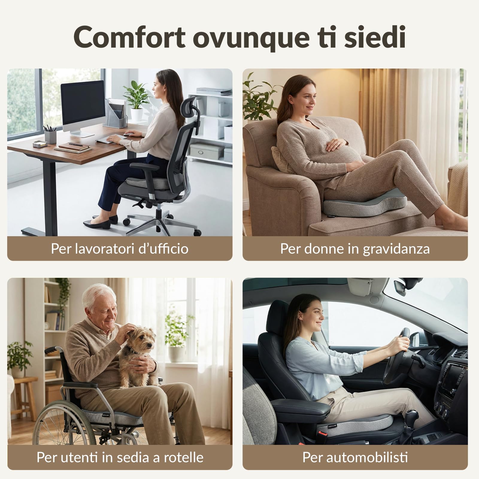 COSYLAND Cuscino Sedia Ufficio in Memory Foam - Cuscino per Sedia da Ufficio Antiscivolo, Cuscino di Supporto per Coccige e Schiena, Fodera Lavabile, per Ufficio, Auto, Sedia da Gaming(Grigio
