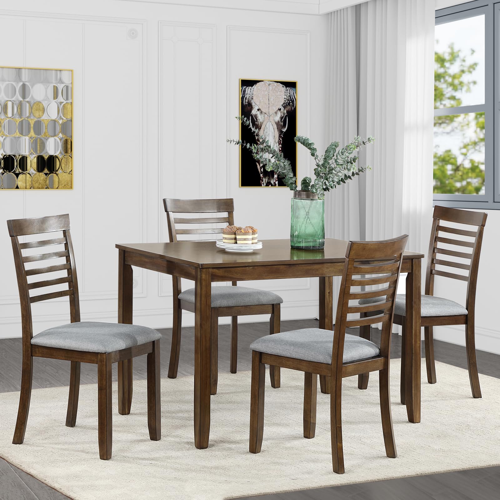 Augabam 5-Piece Dining Table Set for 4, Kitchen Dining Table with 4 Soft Cushioned Solid Wood Chairs, Ideal for Home or Restaurant Use.(Walnut_Medium)