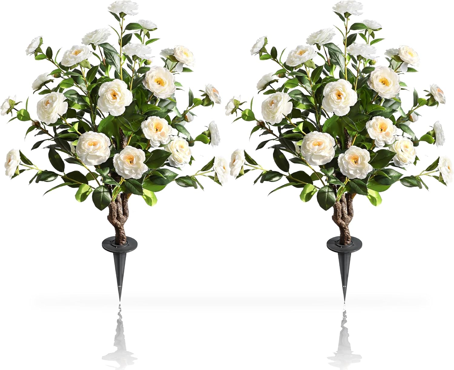 36''Artificial Camellia Tree, 2 Pack Soil Insertion w/Spike,Flower Plants, Faux Floral Plant Blooming Tree in Cement Pot, Greenery Potted Plant for Indoor Outdoor Office Home Porch Decor White Flower