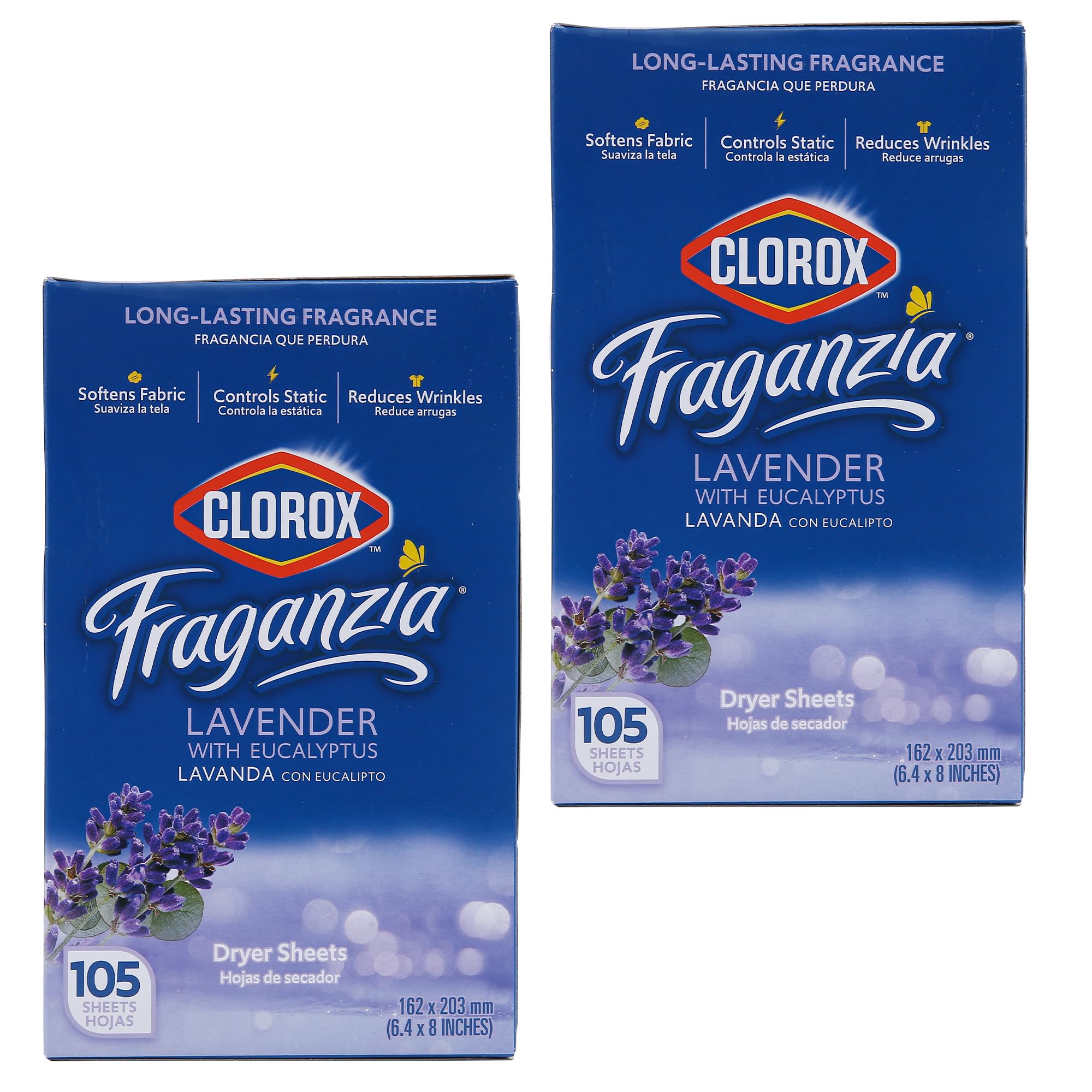Clorox Fraganzia Dryer Sheets, Lavender Eucalyptus Scent, 105 Count, 2-Pk | Reduces static and wrinkles, safe for all fabric types, use one per load