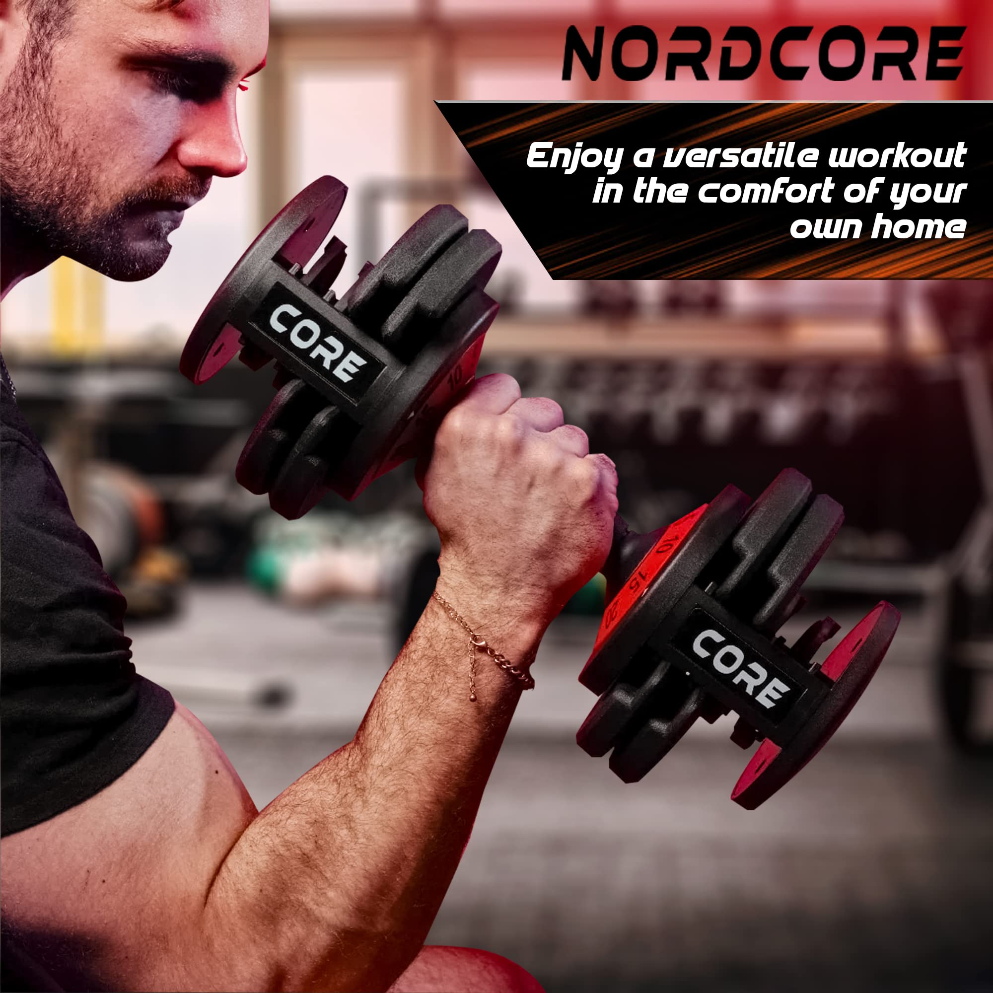 Nordcore Verstellbare Hantel - 5 verschiedene Einstellungen zwischen 5-25kg - Für Männer und Frauen Heimgewichtheben und Krafttraining - Platzsparende Verstellbare Hantel