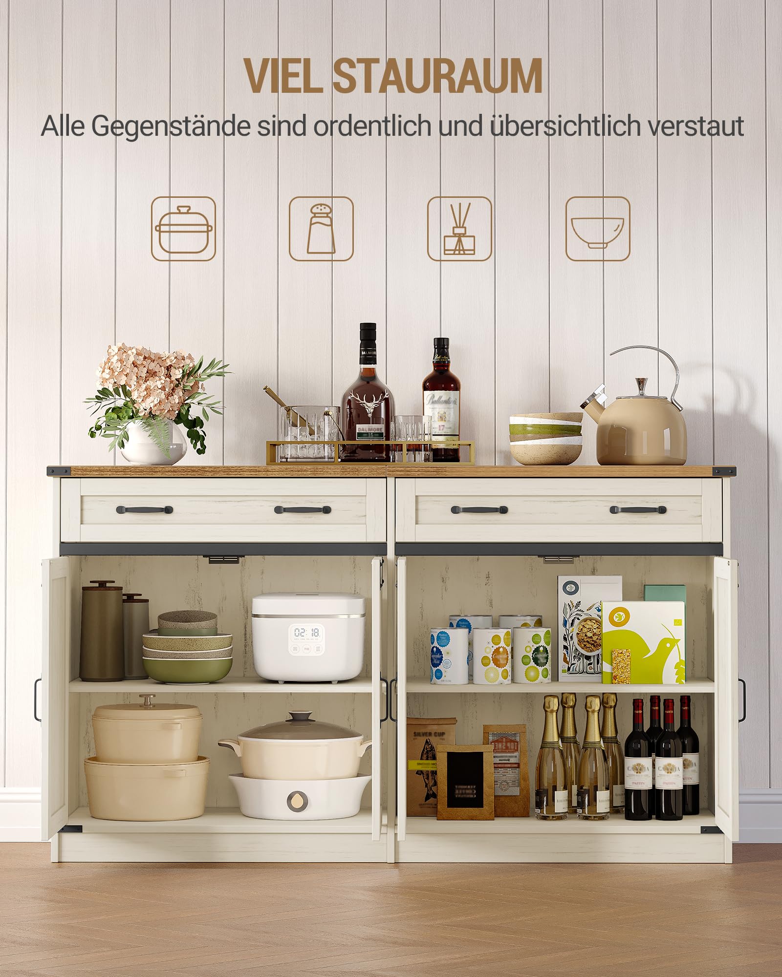 Hzuaneri Küchenschrank, Buffetschrank mit 2 Schublade, Sideboard mit 4 Türen, Verstellbare Einlegeböden, Landhausstil, Küche, Wohnzimmer, 40 x 140 x 80 cm, Vintageweiß-honigbraun, SC94814X