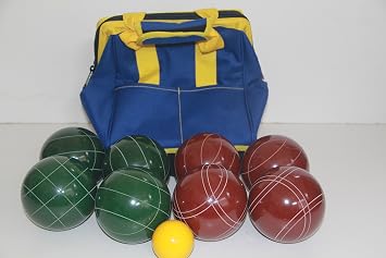 BuyBocceBalls Listing - Made in USA, Premium Quality Tournament Bocce Set - 107mm Dark Red and Green Balls, Nylon Blue/Yellow Bag, 920 Grams 2 lbs. 1 oz..