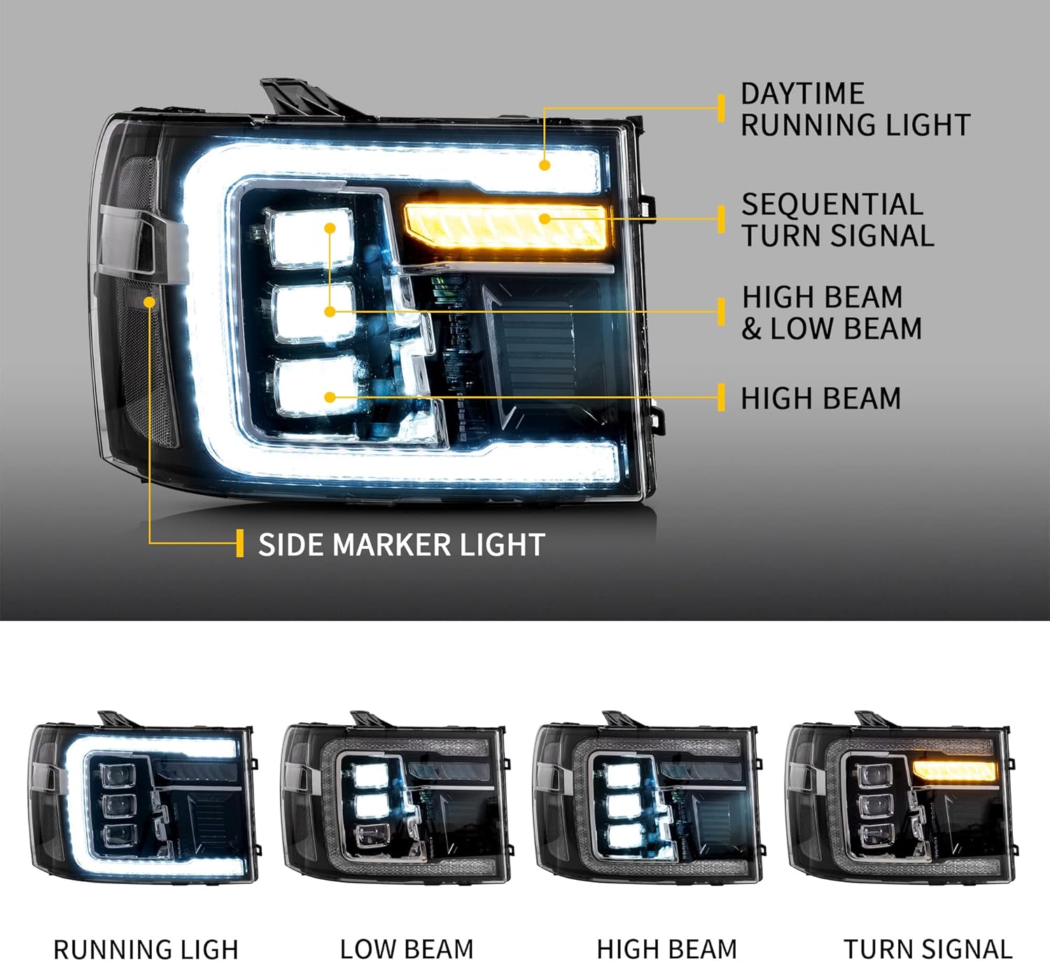 VLAND LED Projector Headlights For [ 2007-2013 GMC Sierra 1500 2500HD 3500HD ] W/Dynamic DRL, Sequential Turn Signal, Clear Reflector, Not For Classic Models