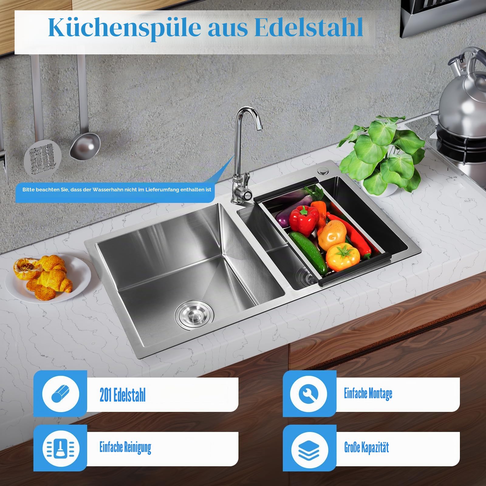 Doppelbecken Doppelspüle, 2 Becken Küchenspüle Edelstahl Einbauspüle Set mit Abtropffläche, Einbauspüle Doppelspüle Waschbecken 78x43x21cm