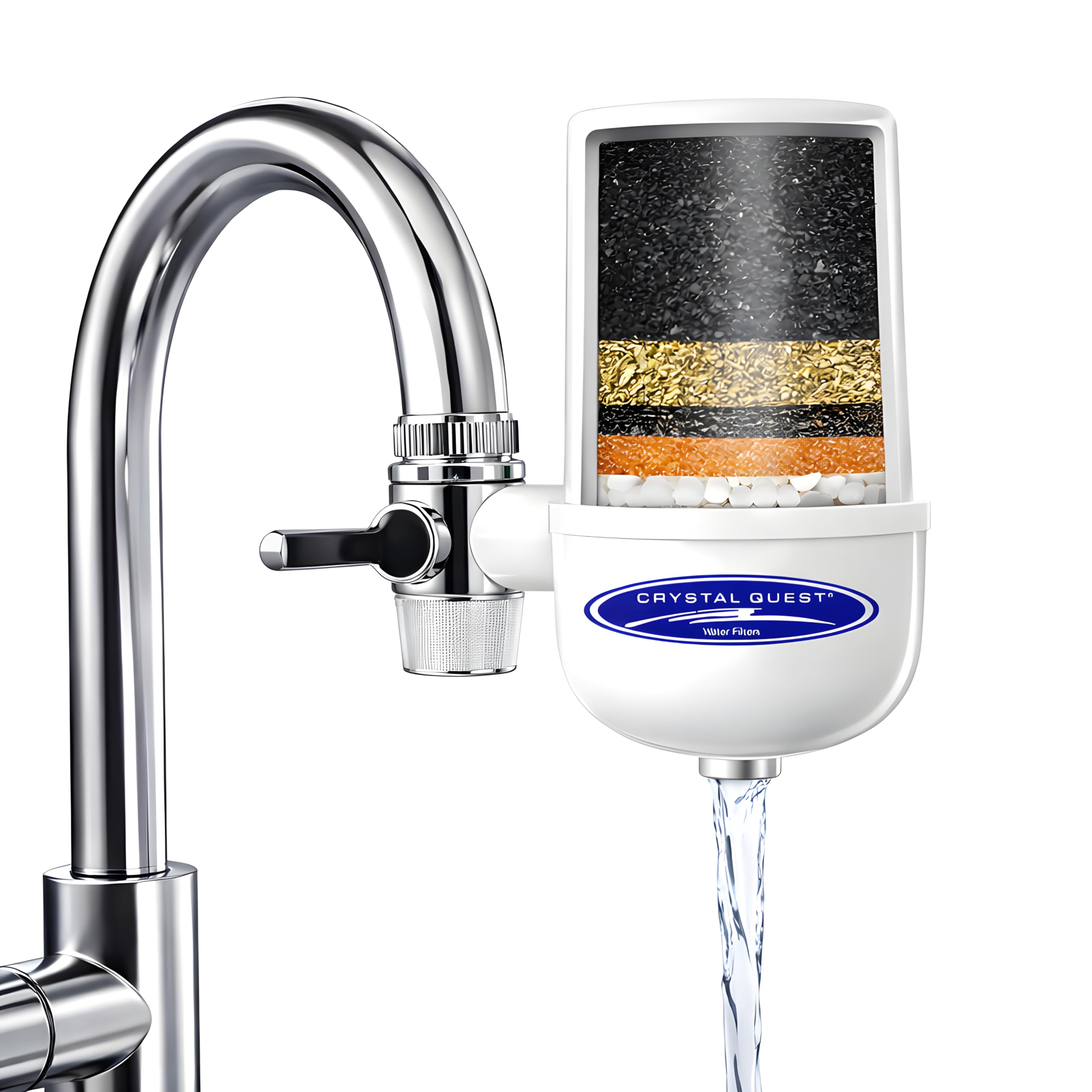 Crystal Quest Faucet-Mount Water Filtration System, ISO Certified 6-Stage Filtration, No-Wait Filtering, Removes Chlorine & Heavy Metal, 2000-Gallon