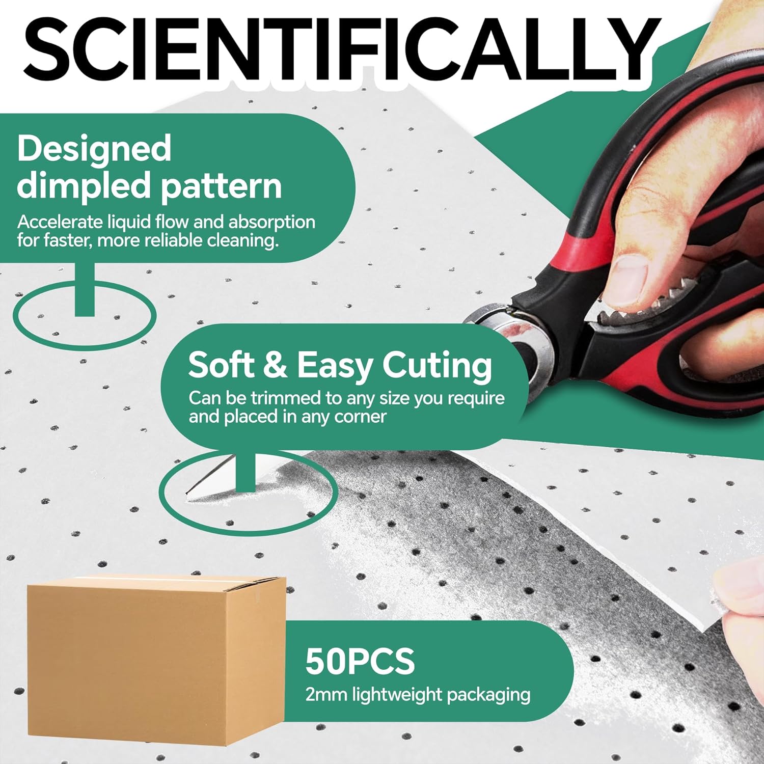 White Oil-Only Absorbent Pads, Lightweight 2mm 6-Layer Polypropylene Spill Mats, 15" x 19", Industrial Oil Spill Cleanup for Garage & Workshop, 50 Pack