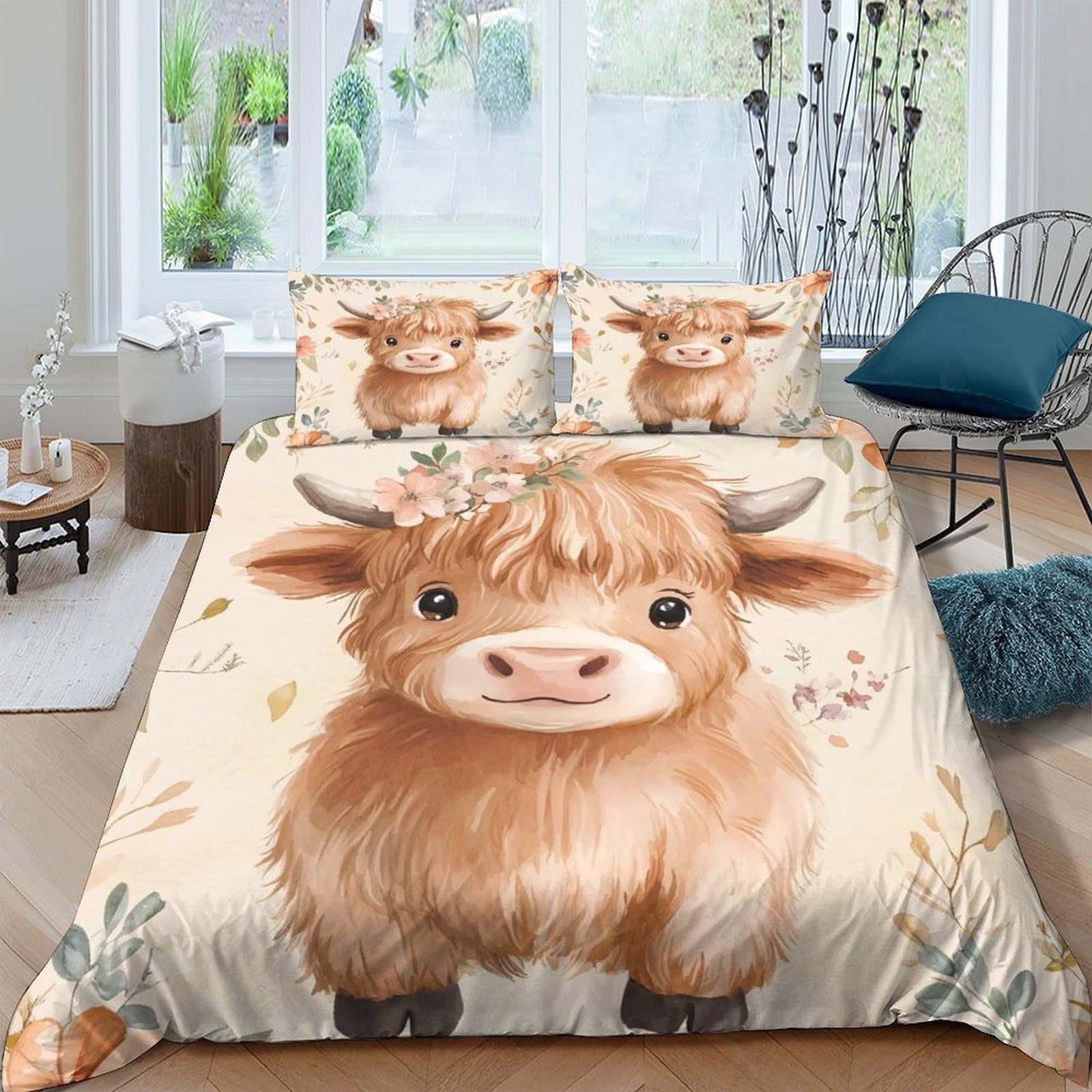 TUFRTGYHN 3D Printed Highland Cow Duvet Cover Microfiber Soft Breathable Cute Calf Bedding Set with 2 Pillowcases for Bedroom Decor Single（135x200cm）