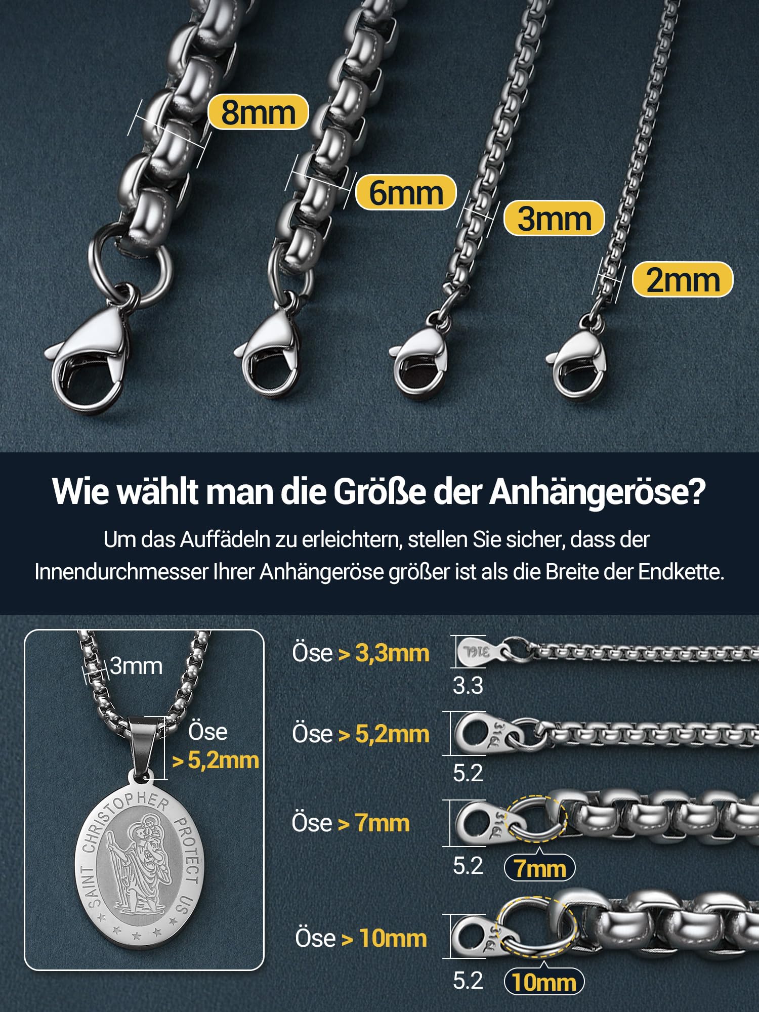 PROSTEEL Halskette Herren Damen Edelstahl Kette - Venetian Box Briolette Kette Silber/Gold/Schwarz Breite 2mm/3mm/6mm/8mm Länge 46-81cm Schmuck für Männer Jungen