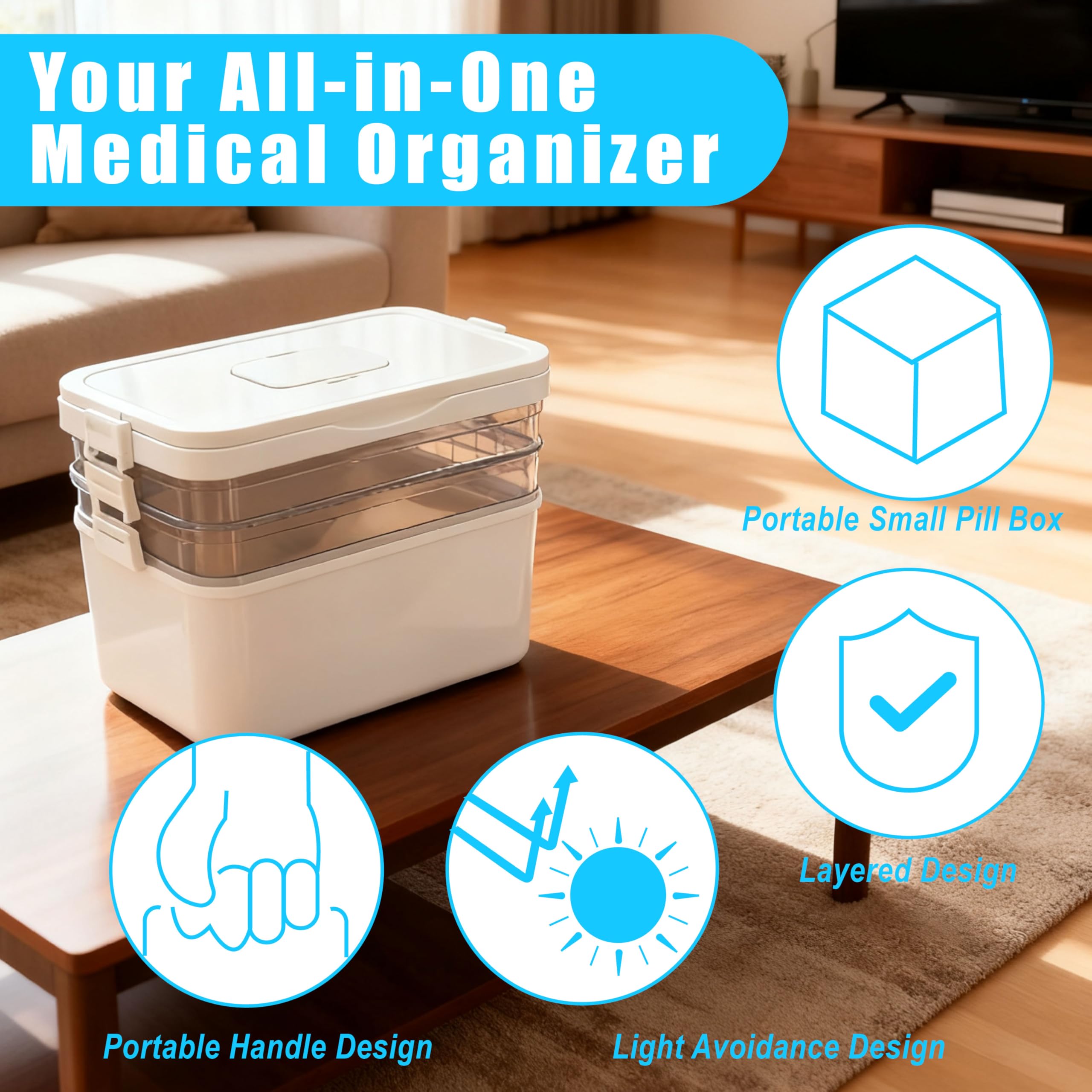 Caja de medicamentos de 3 niveles con asa de transporte, color blanco, con compartimentos extraíbles, ideal para el hogar, viajes y oficina, caja grande de primeros auxilios (31 x 16,5 x 25,5