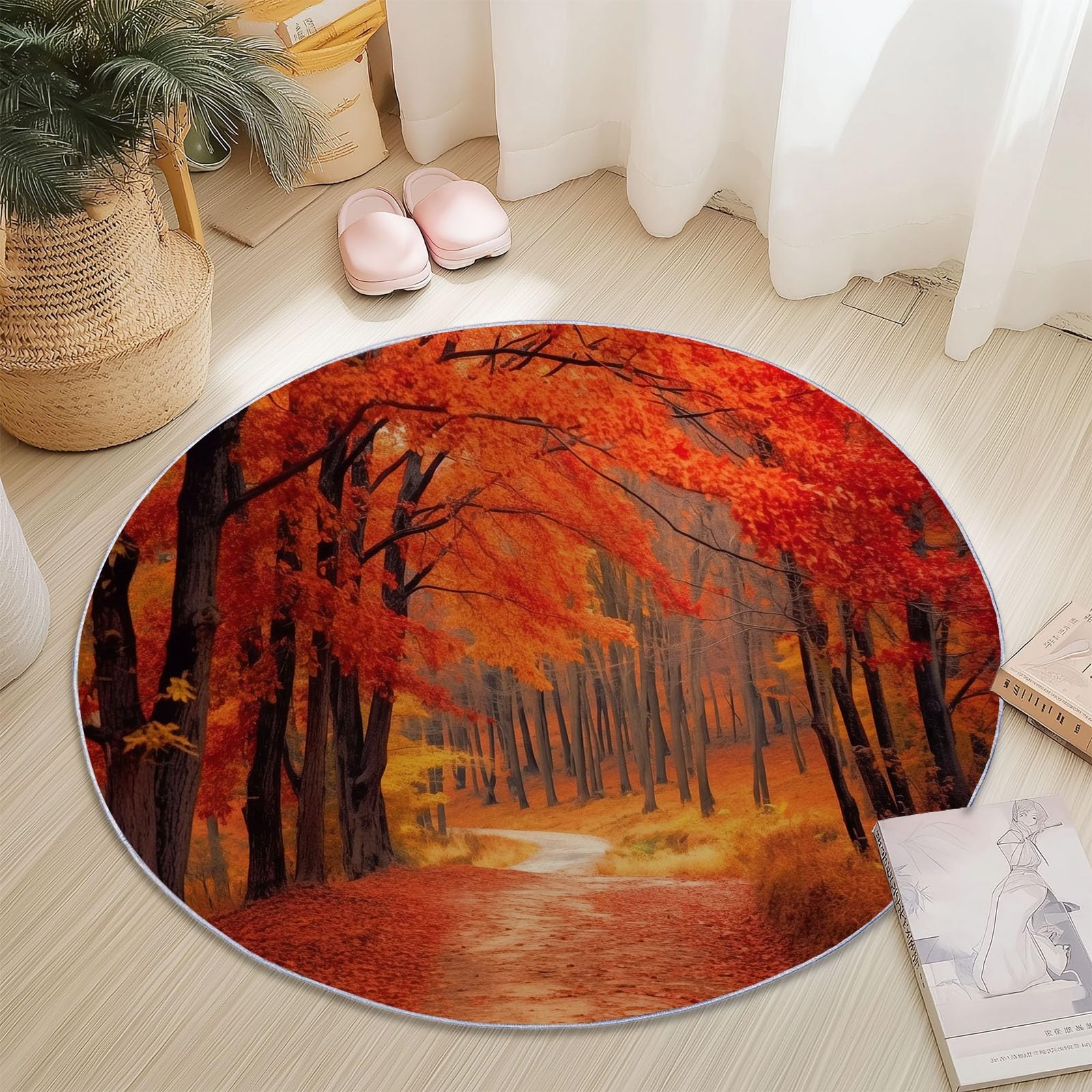 Generisch Okrągły dywan w stylu fotograficznym, 120 cm, antypoślizgowy, z motywem natury, lasu, liści, do salonu, bardzo miękki, puszysty okrąg do sypialni, jadalni, czerwony