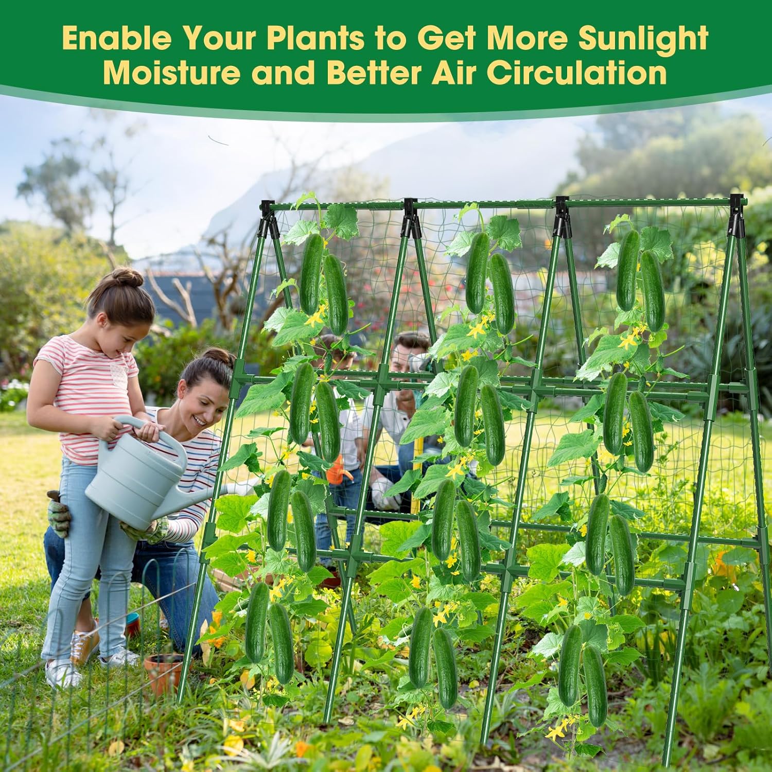 51" x 53" Cucumber Trellis for Raised Bed, A-Frame Garden Trellis for Climbing Plants Outdoor, Rust-Proof Metal Support for Tomato, Peas, Beans, Zucchini & Vines, with Netting & Clips