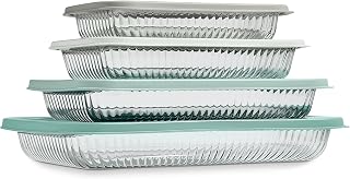 COOK WITH COLOR 8-Piece Deep Glass Baking Dish Set with Plastic Lids – Casserole and Food Storage Containers for Lasagna, Leftovers – Freezer-to-Oven, Microwave & Dishwasher Safe, Fluted Sage