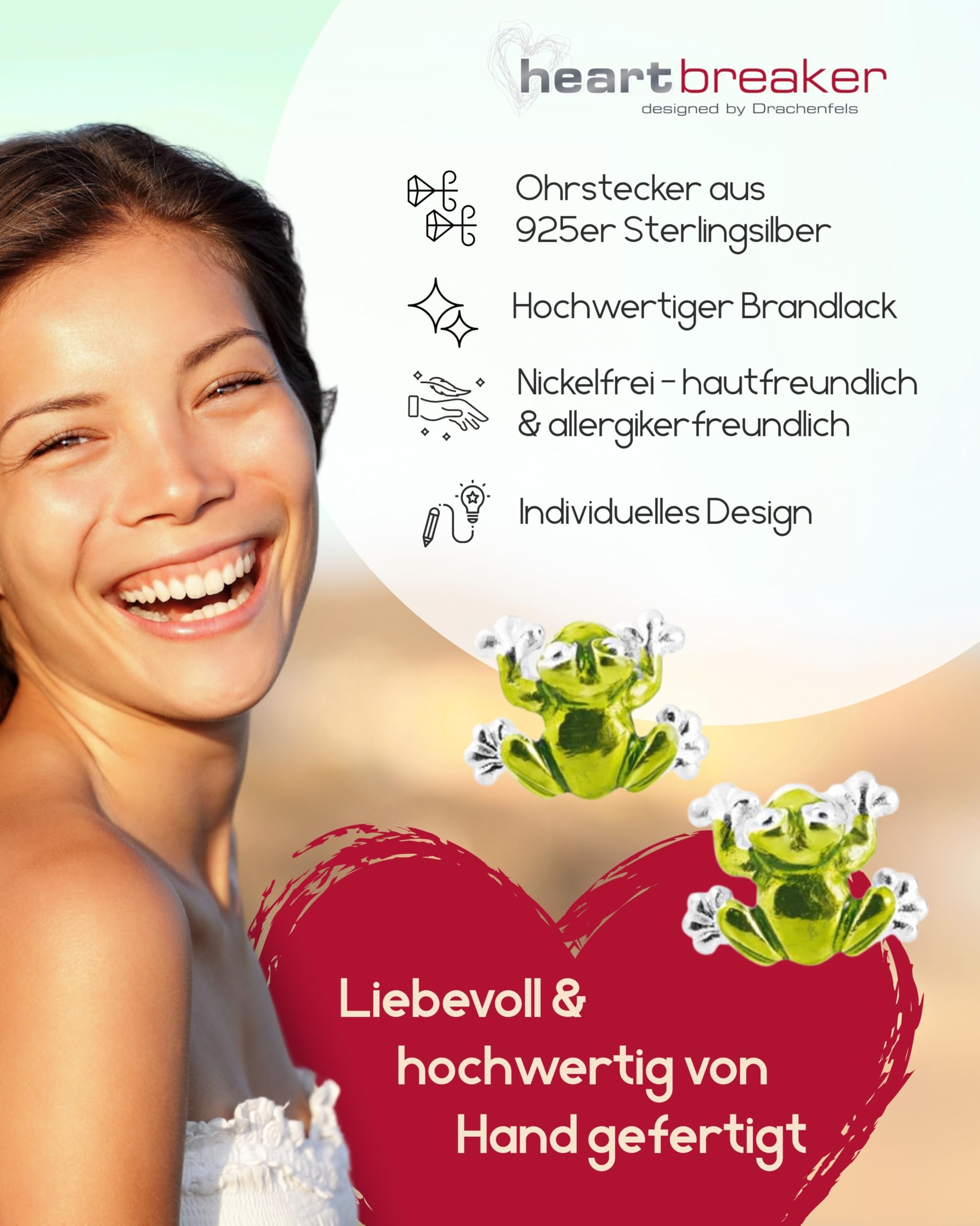 Heartbreaker "Froggy" Frosch-Ohrringe I Edle Ohrstecker aus 925 Sterling Silber & Brandlack I Nickelfreie Damen-Ohrringe inkl. Verpackung I In Goldschmiedequalität gefertigt I LD FG 28 GR