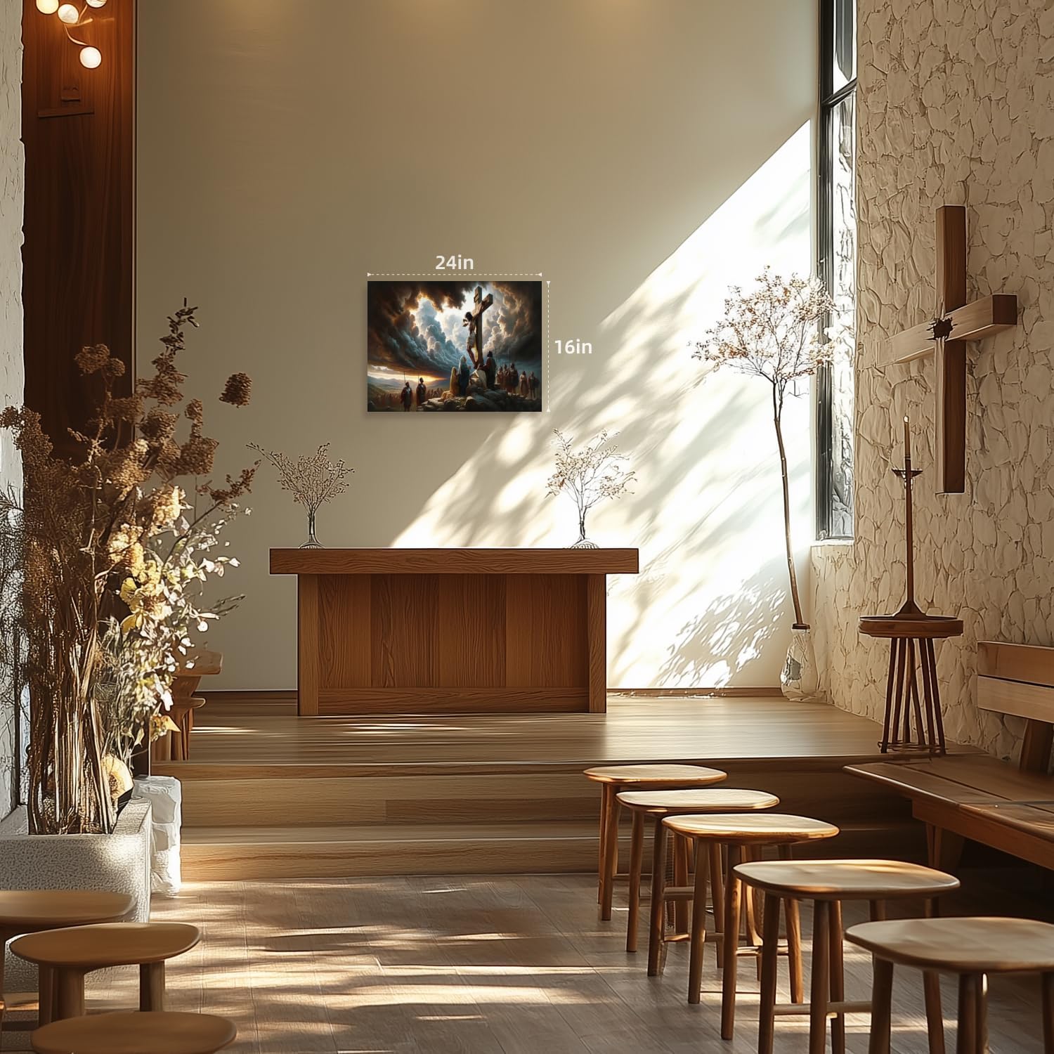 TSTVO Framed Jesus Wall Art, Modern Good Friday Religious Wall Decor, Reverent Jesus on Cross Canvas Painting, Hope and Redemption Easter Christian Poster Print for Church Prayer Room 16x24 Inch