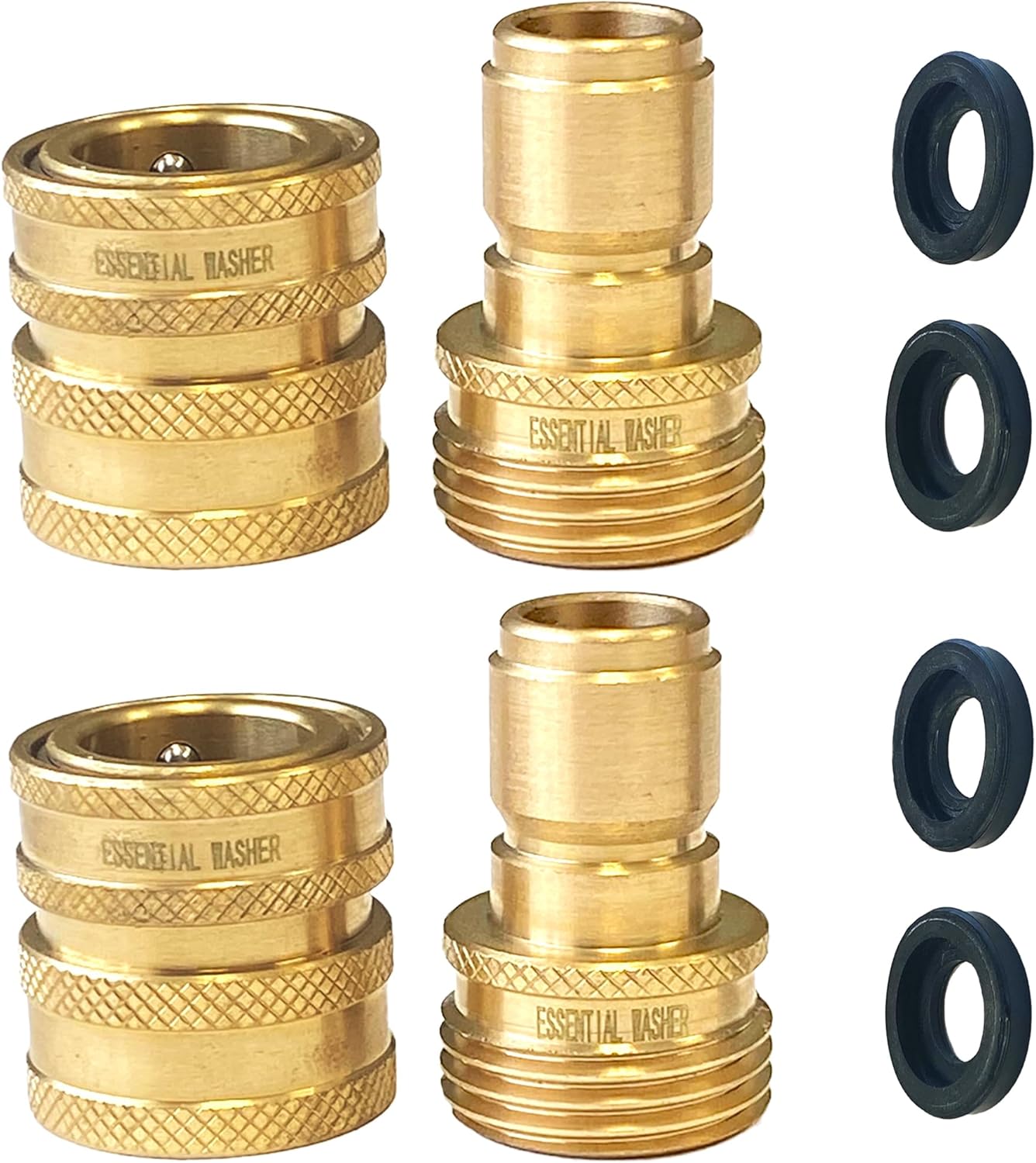 ESSENTIAL WASHER ¾” Brass Garden Hose Quick Connect Fittings | Plug & Coupler Set of 2